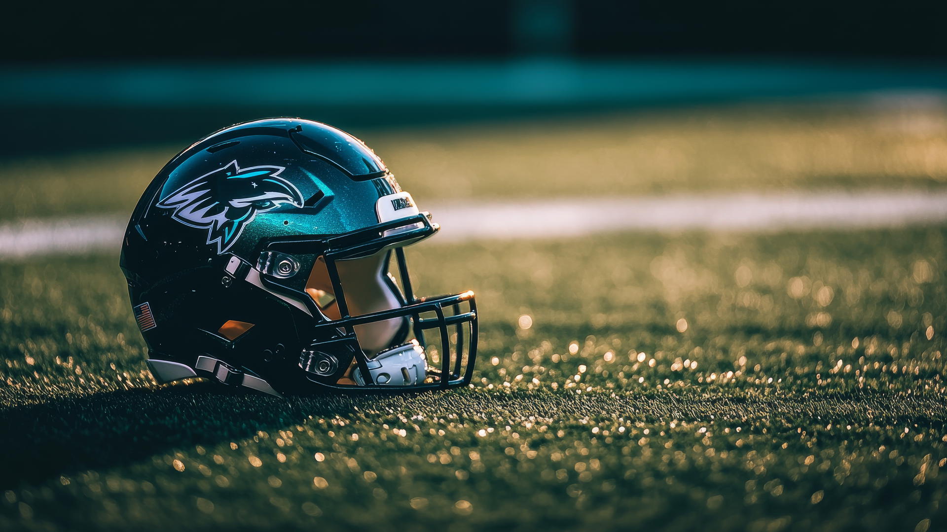 Glowing NFL helmet on turf with soft shadows and reflections.