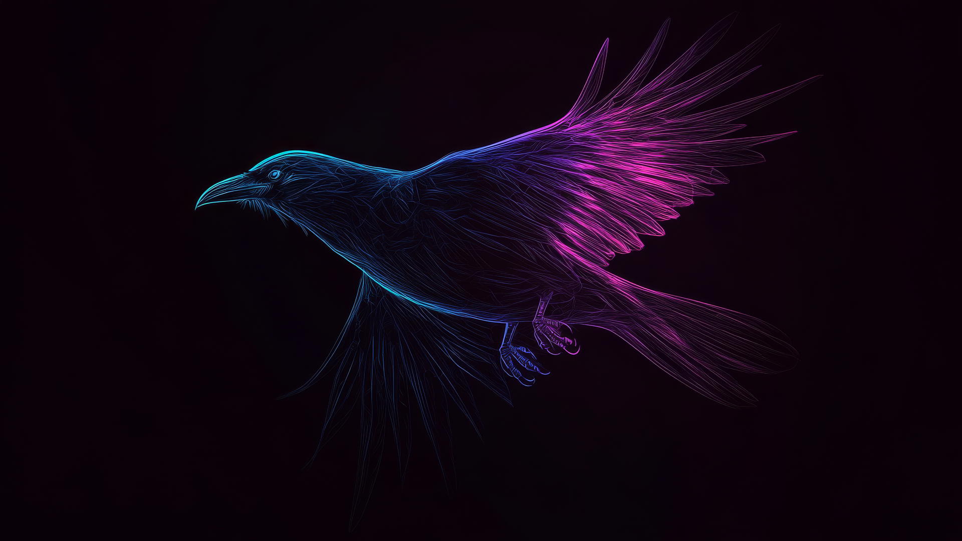Minimalist black raven with neon accents perched in darkness