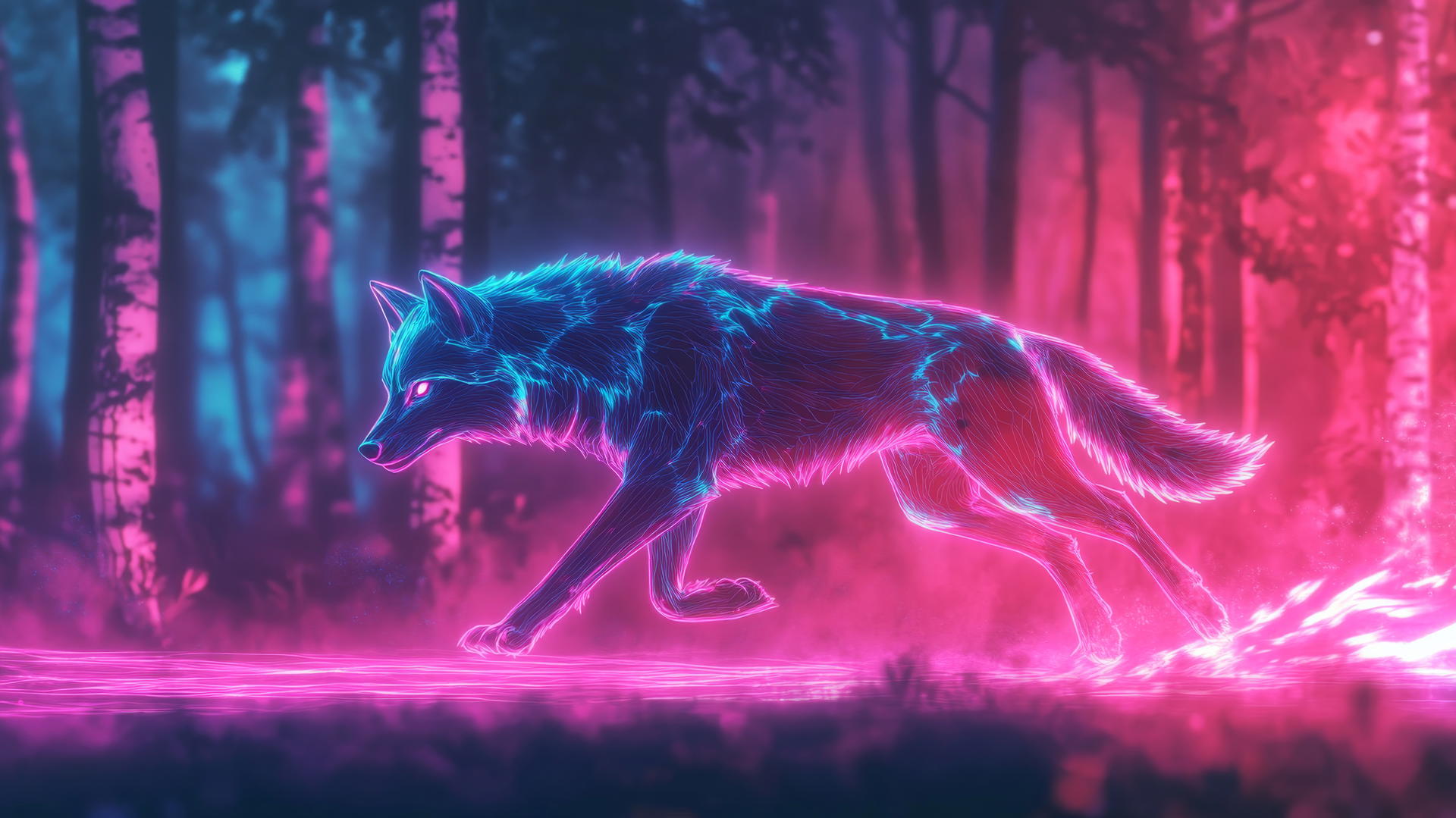 Glowing wolf running through a neon forest with softly illuminated trees