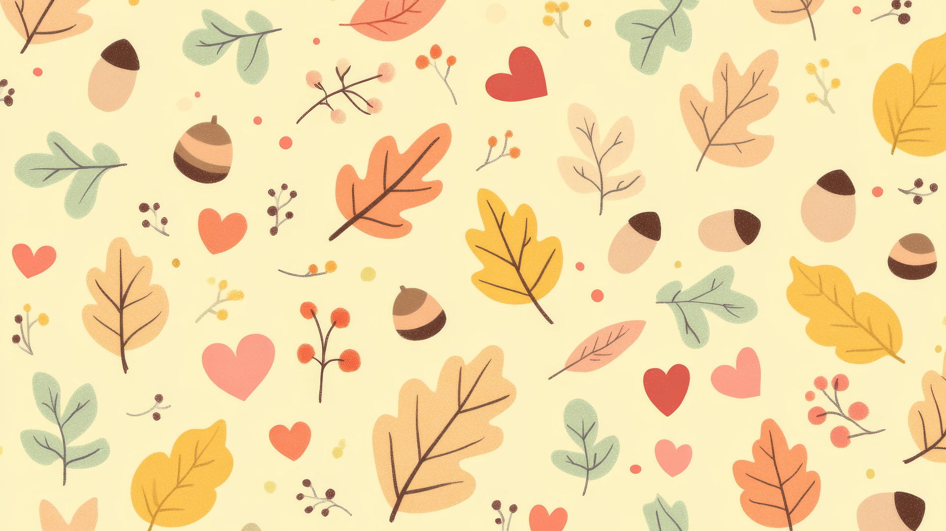 fall wreaths pattern with leaves, berries, twigs on pastel yellow