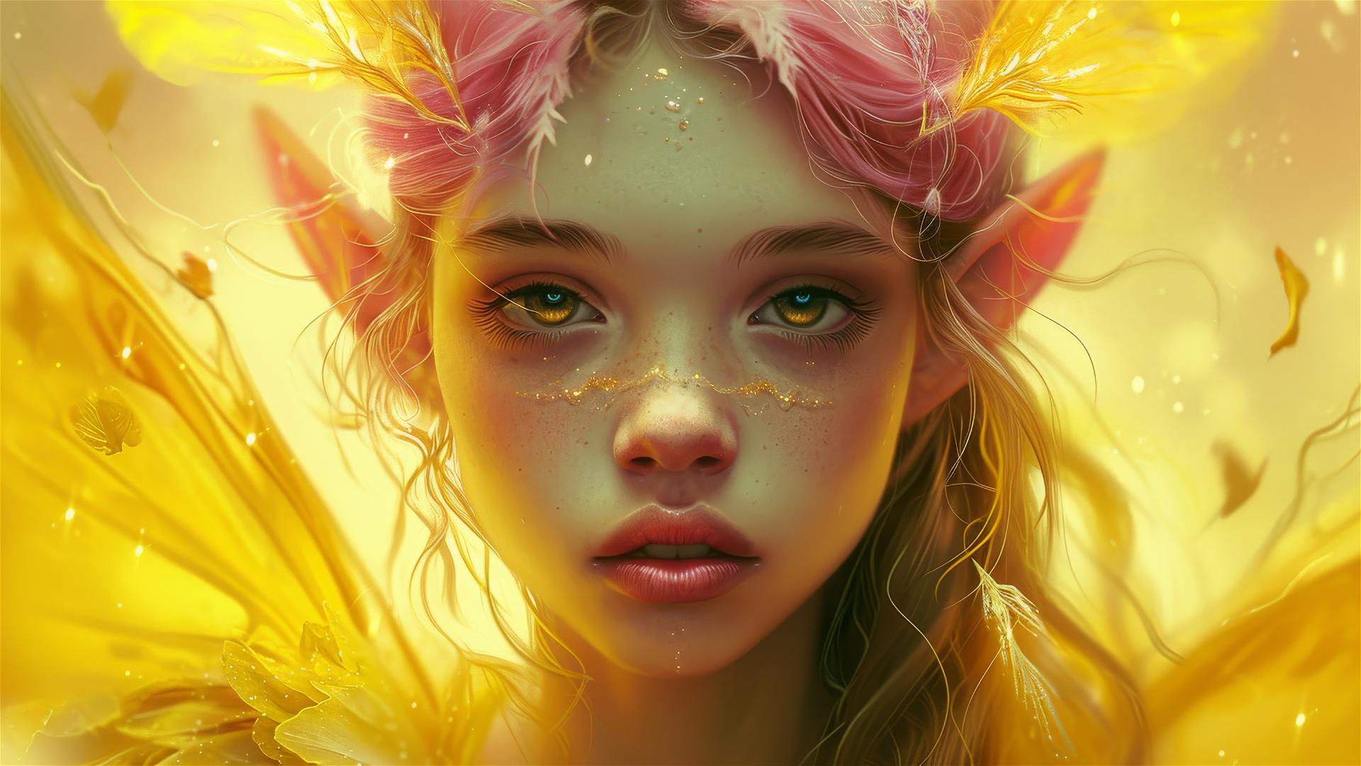 Kawaii fairy in yellow and white, tattoo style, light pink and dark amber accents.