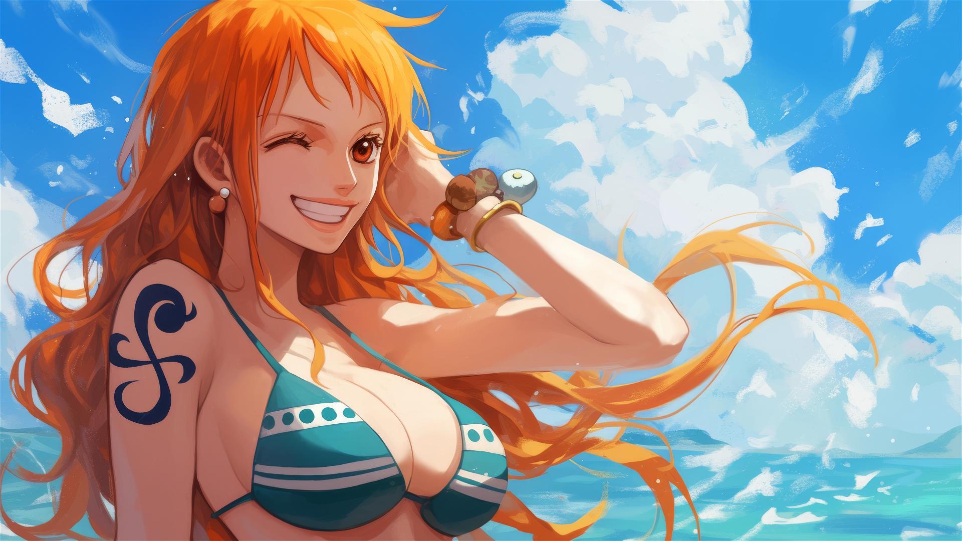 Nami, the navigator from One Piece, in an illustration.