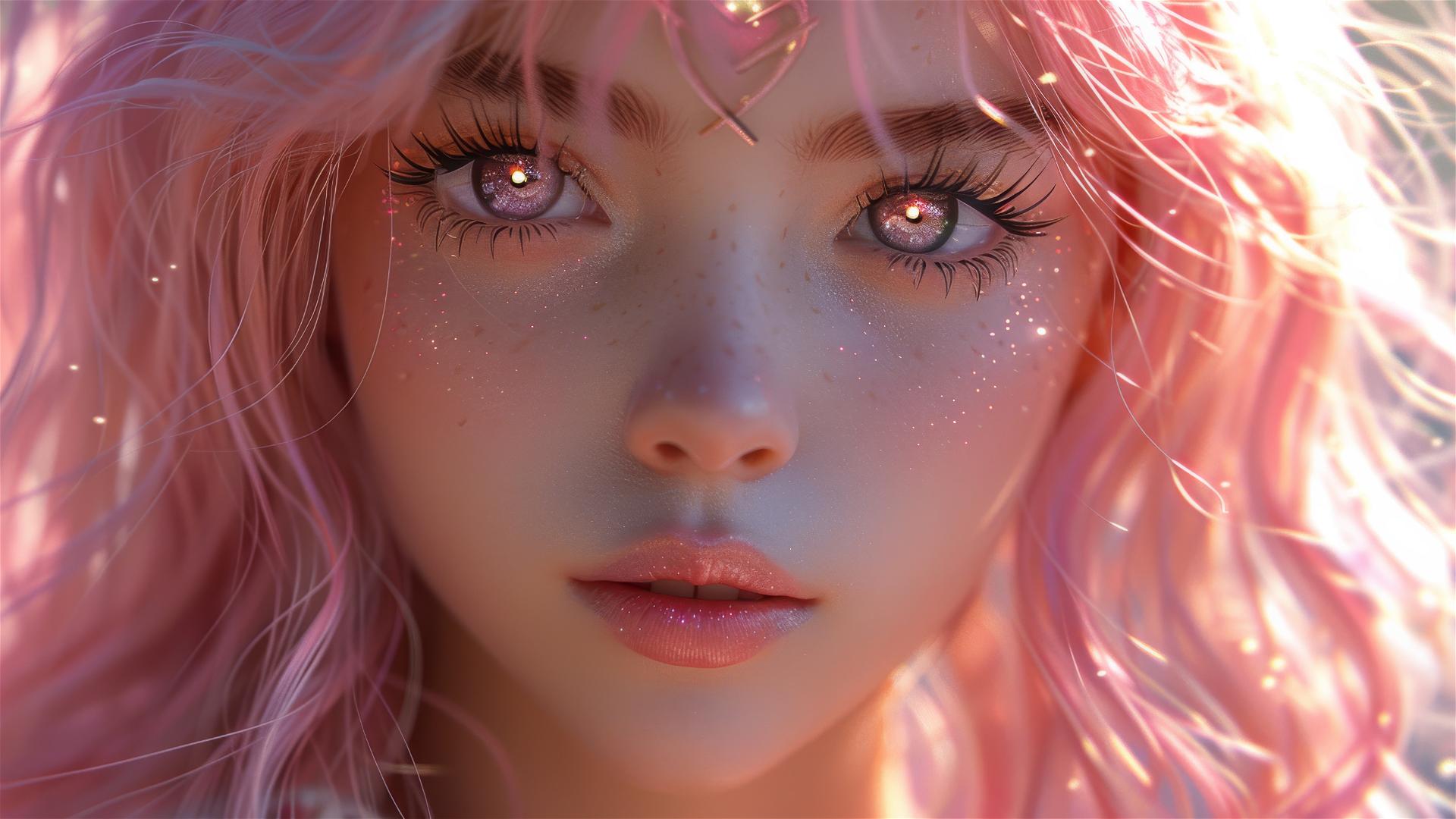 1980s anime style girl with long pink hair and beautiful eyes, soft colors