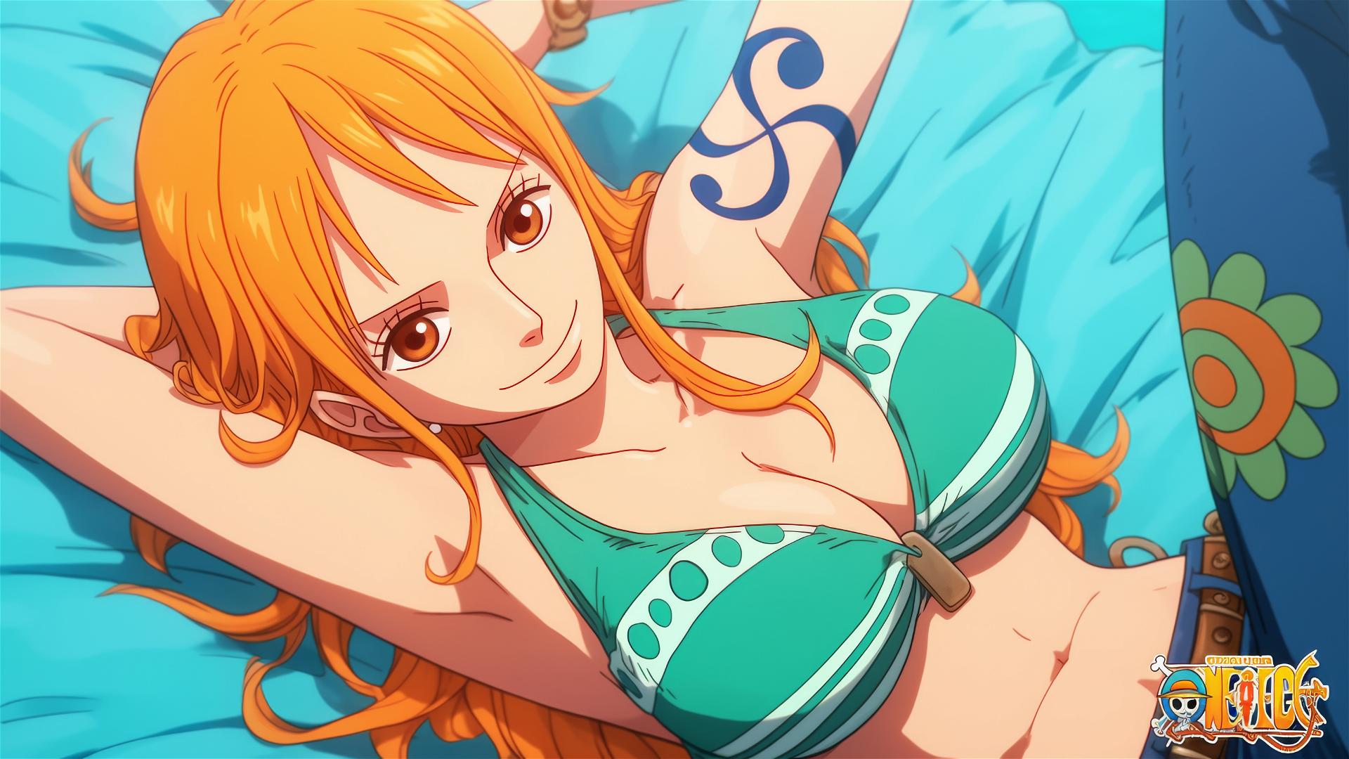 Aerial view capturing Nami from One Piece anime.