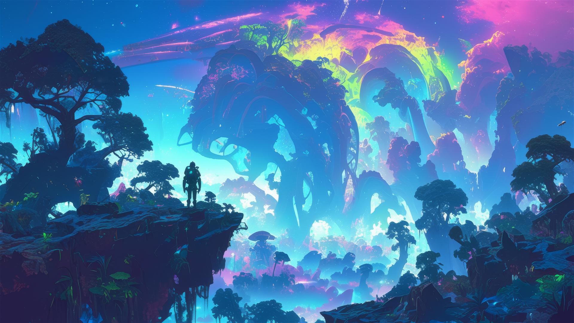 Silhouette on colorful planet with advanced aliens