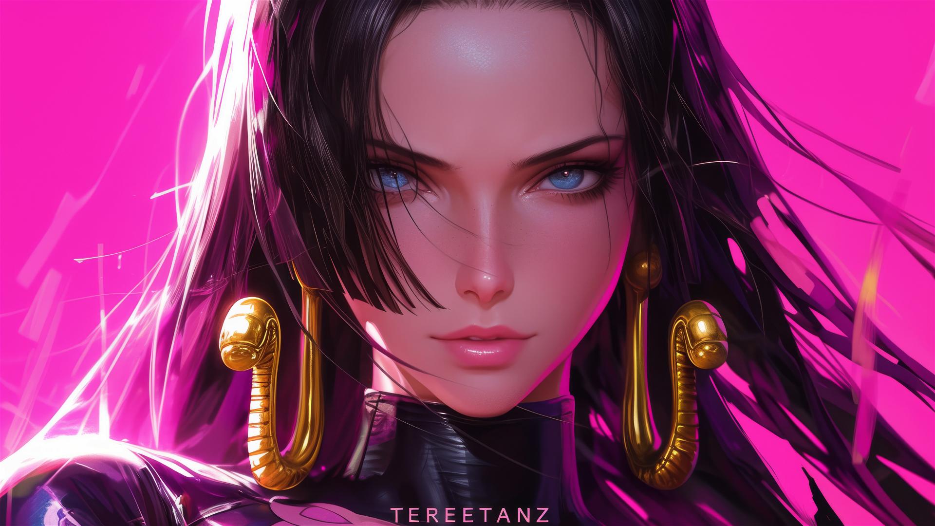 Hyper-realistic anime portrait of Boa Hancock in neon colors with 'TEREETANZ' text.