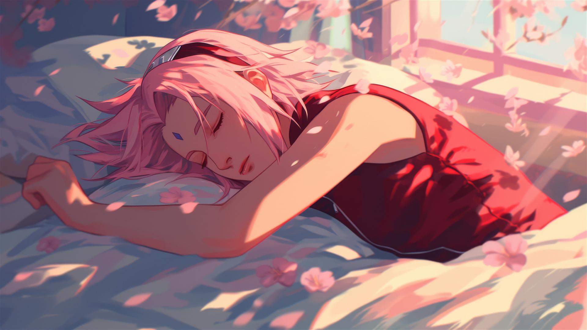 Sakura Haruno lying in bed with swirling air, in hyper-realistic anime style.