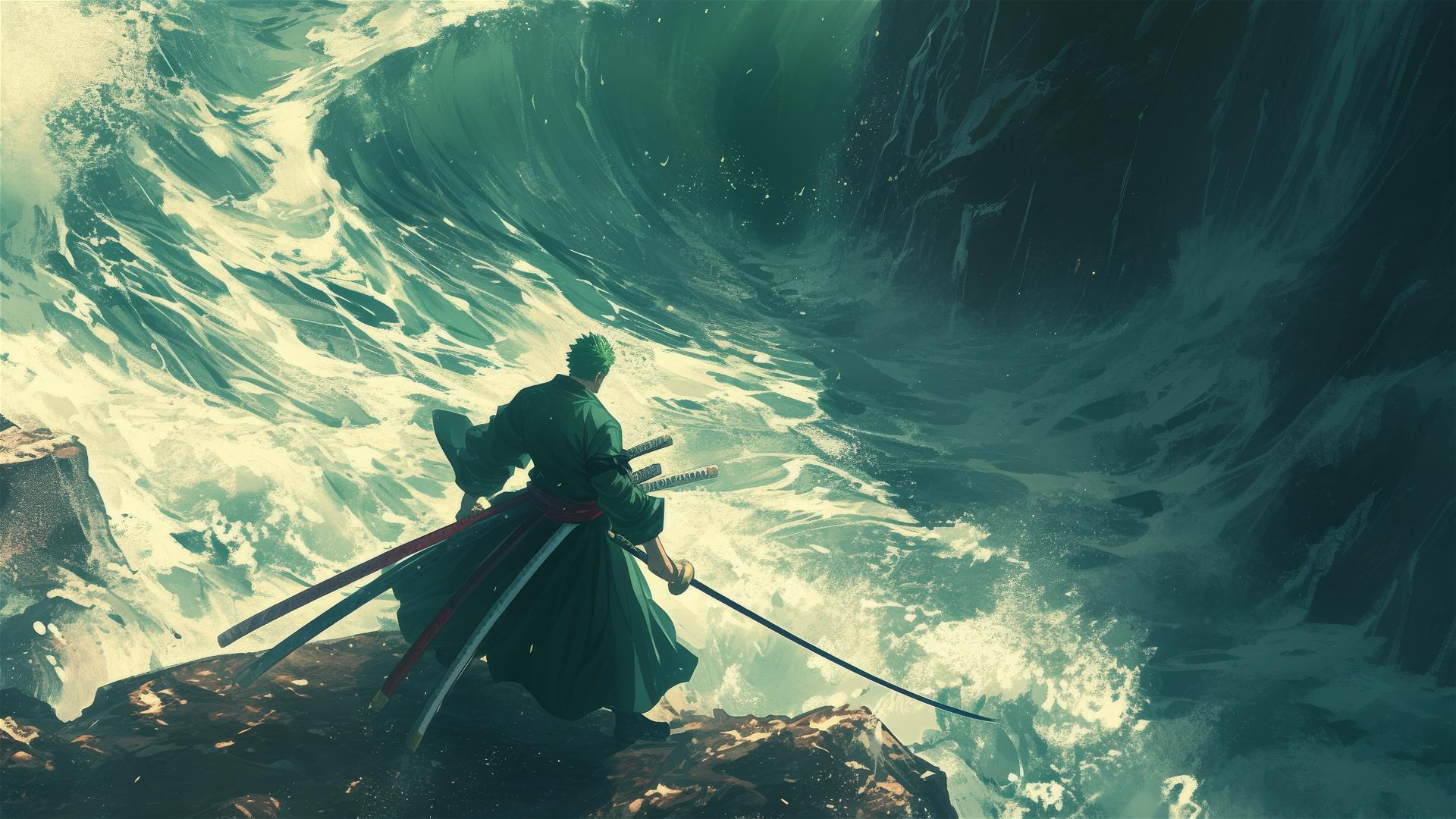 Zoro Roronoa on a cliff with swords, facing a stormy sea.