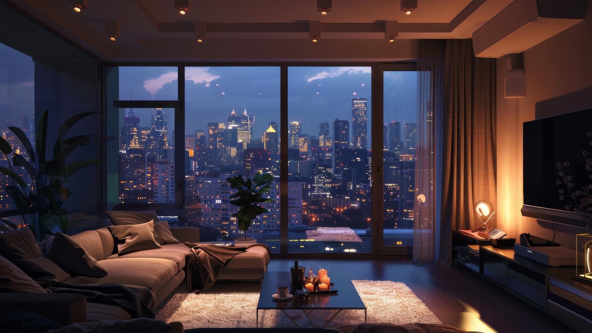 Cozy living room, dim lights, city view through window