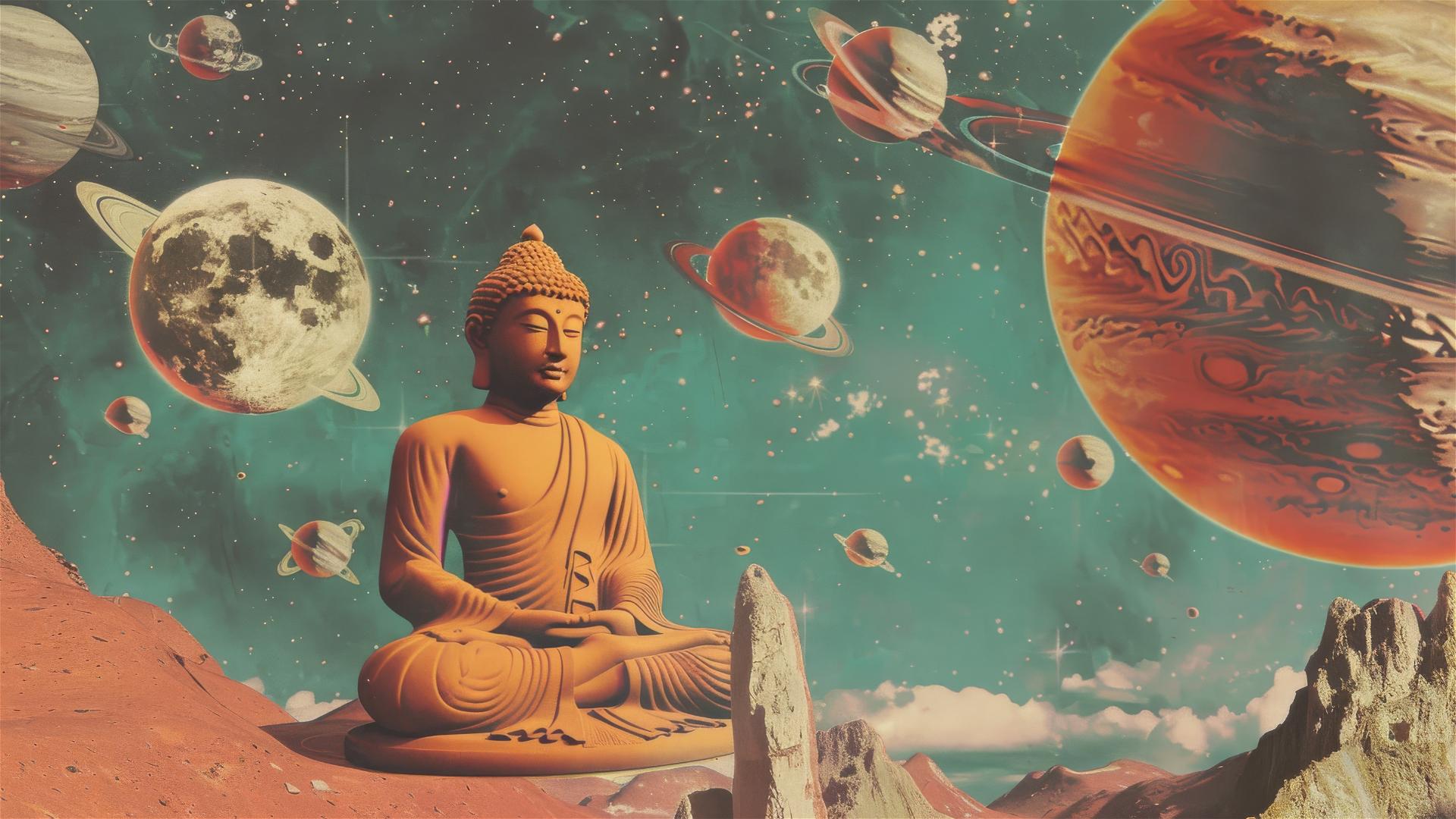 Space Buddhas floating before a solar system, styled as a 50s pulp novel.