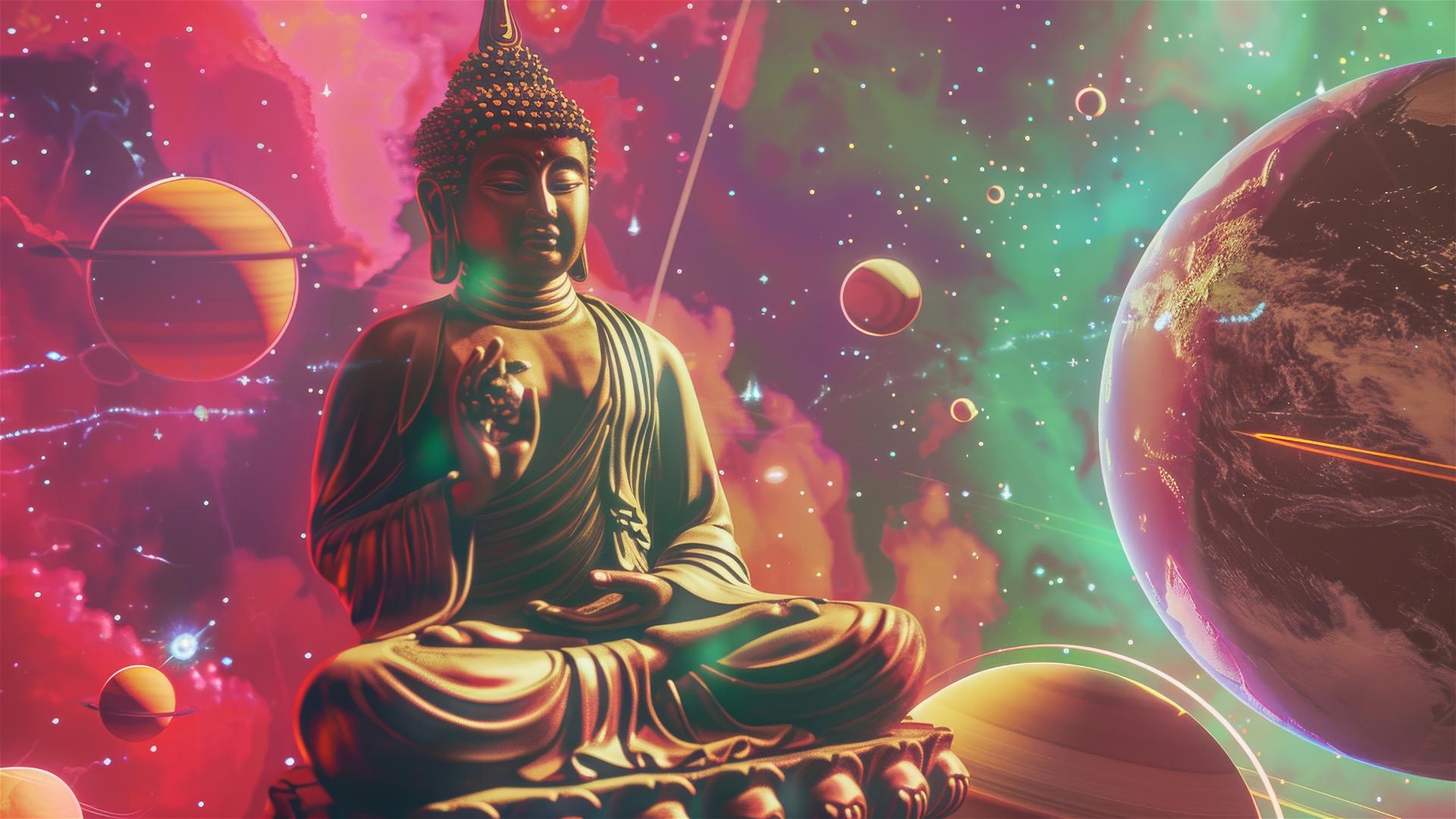 Space Buddhas floating before the solar system, in 50s pulp novel style.