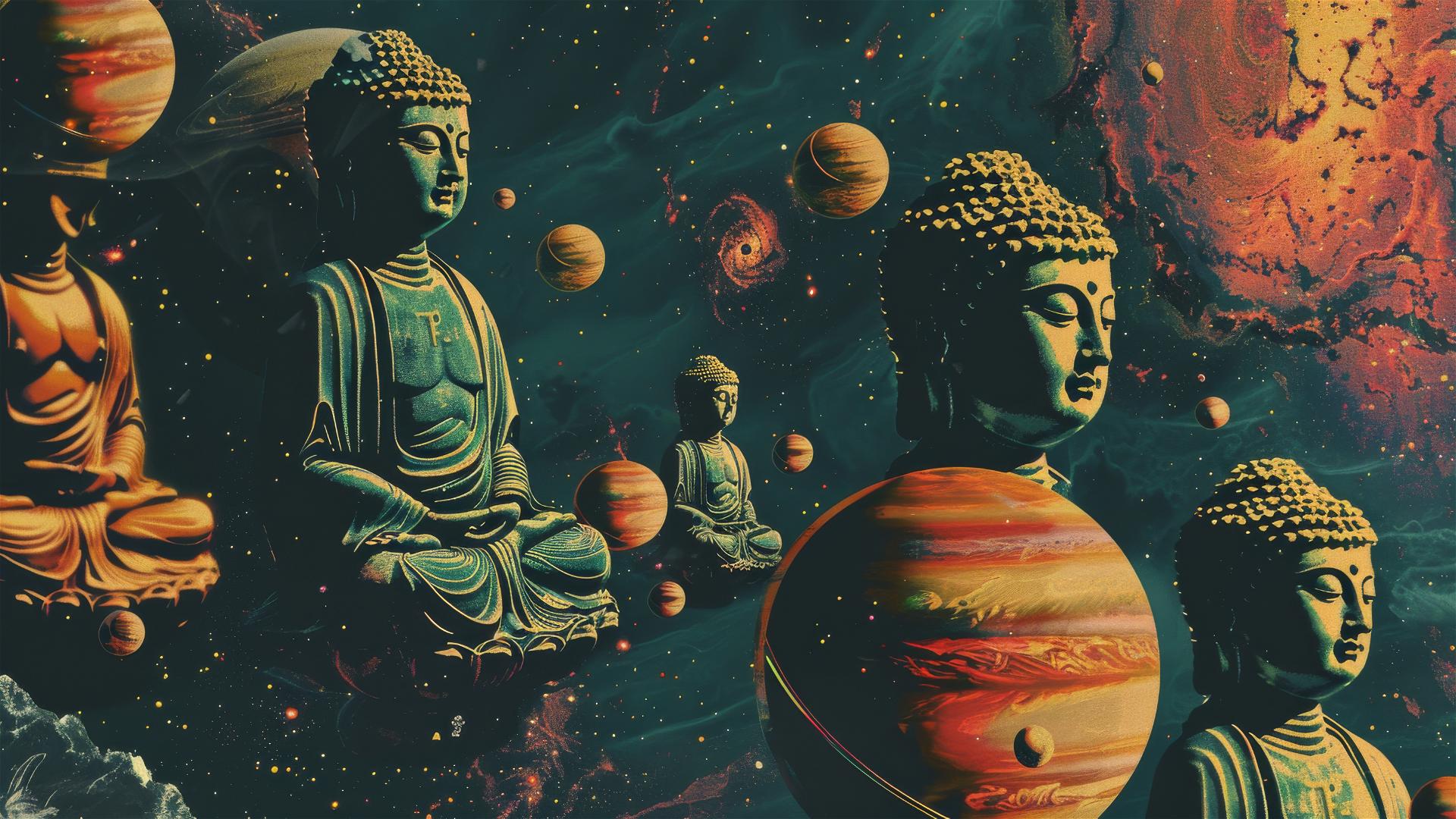 Space Buddhas floating with solar system backdrop, 50s pulp style.