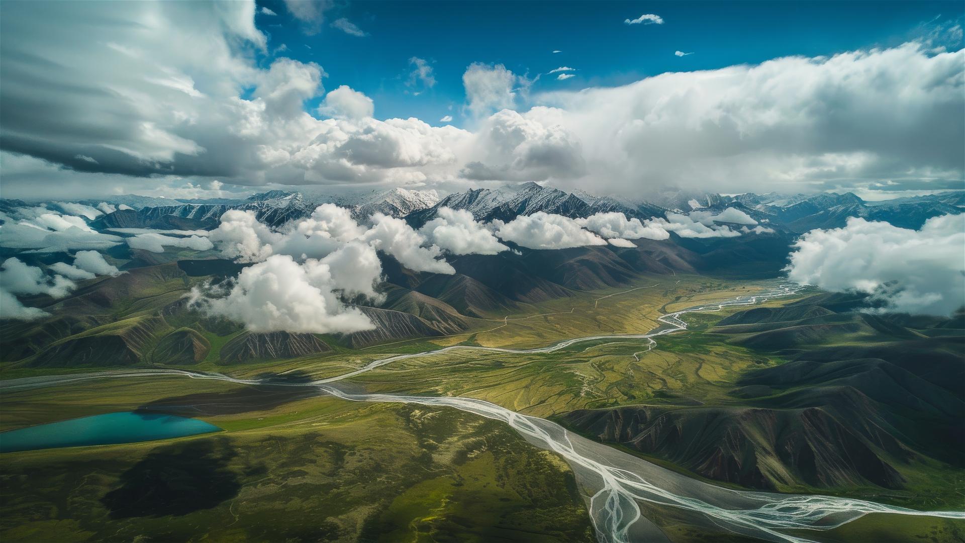 Aerial view of Tibetan highlands with dramatic light and clouds