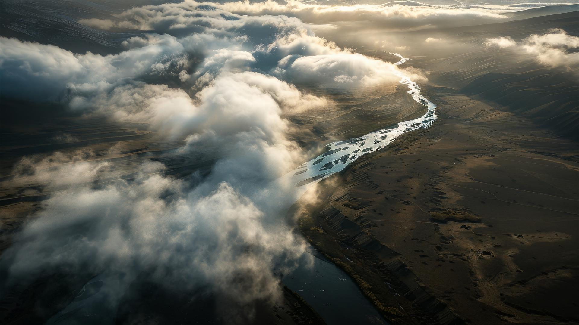 Aerial view of Tibetan highlands with dramatic light and shadow