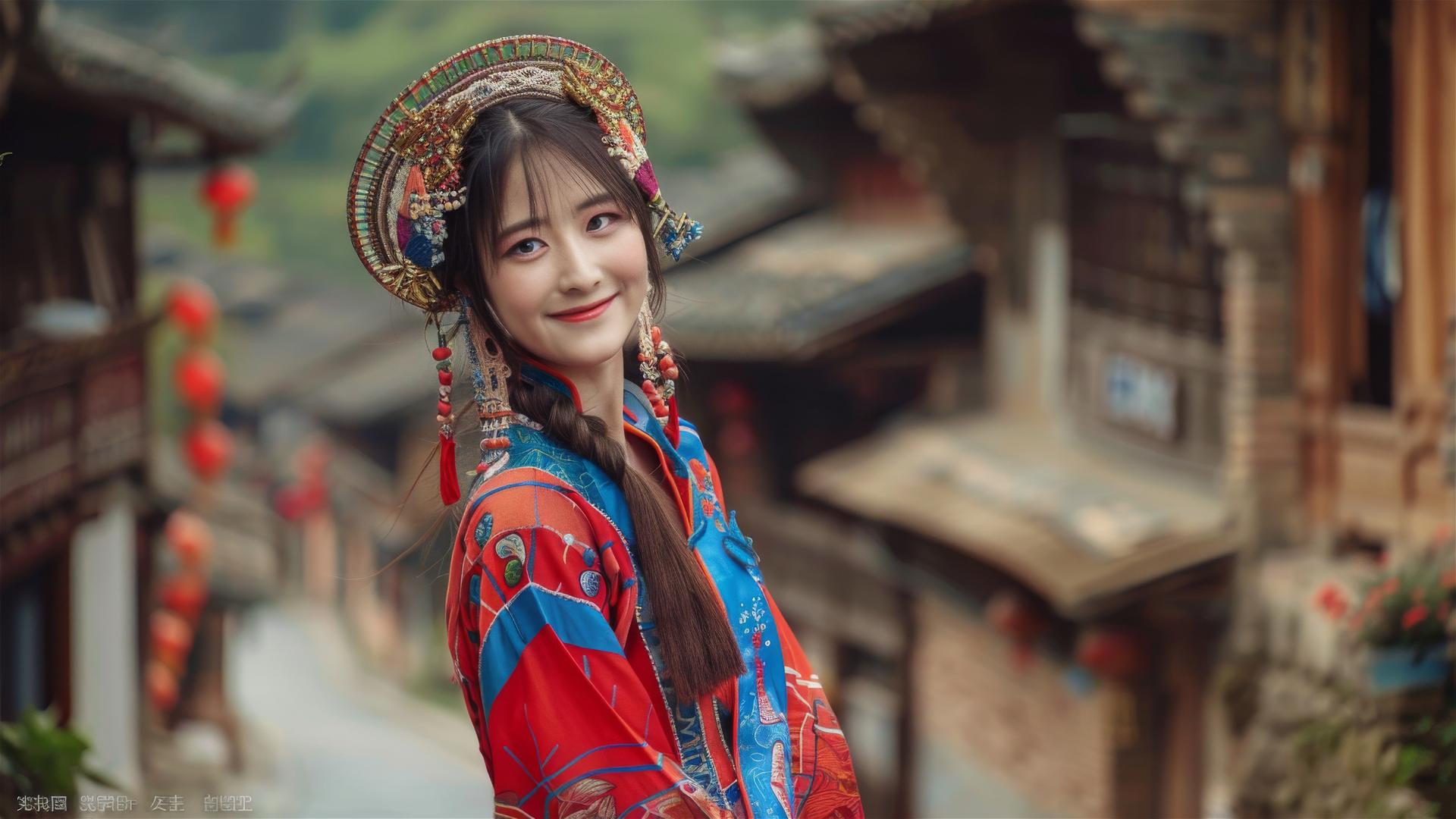 Ni Ni smiling in red and blue Zhuang attire, small town background, photo by Chen Man