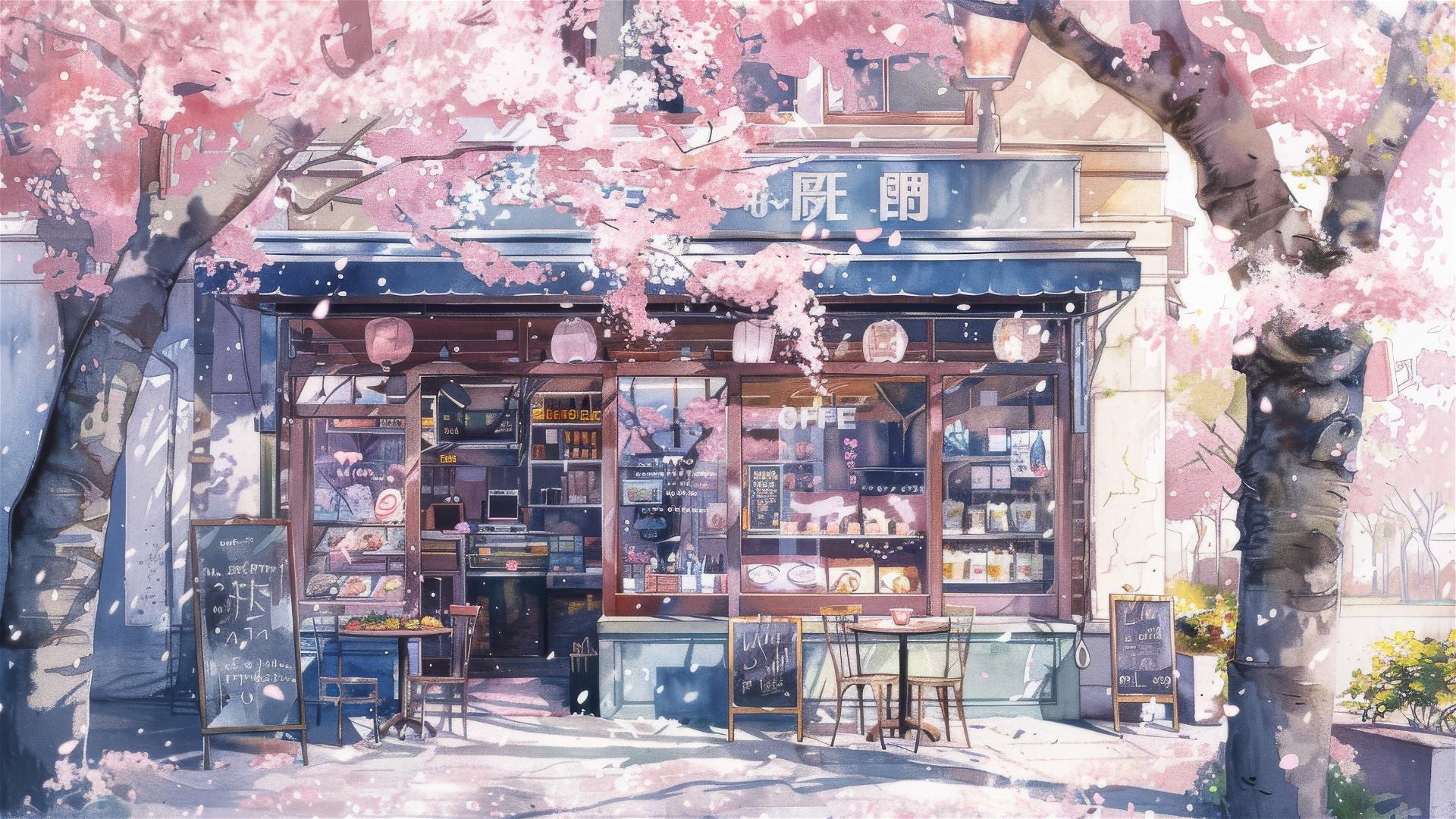 Watercolor of a European coffee shop with cherry trees in bloom and warm sunshine.