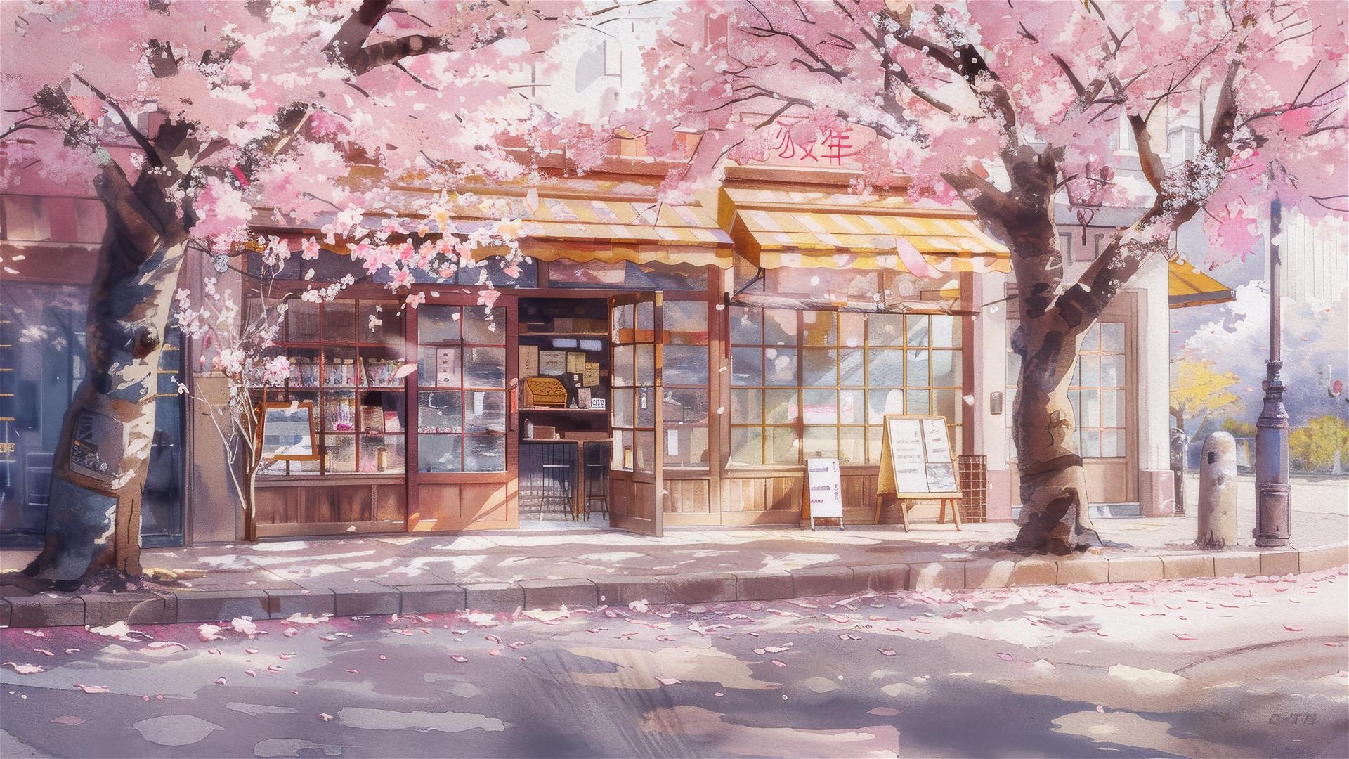 Watercolor of a European coffee shop with cherry trees in bloom.