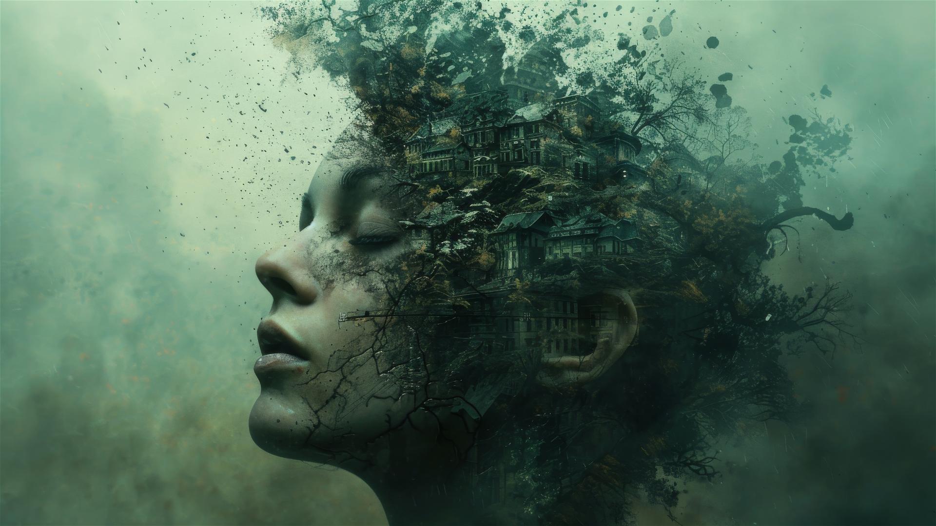 Surreal human head with train passing through, dark decayed background.