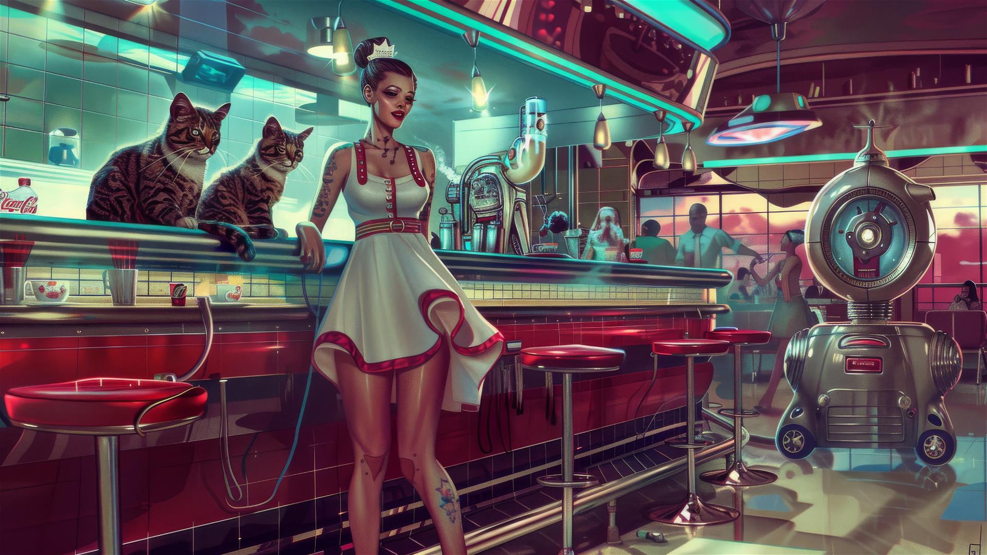 Retro futurism diner with cats, vintage waitress, and cat robot in cyan and magenta.