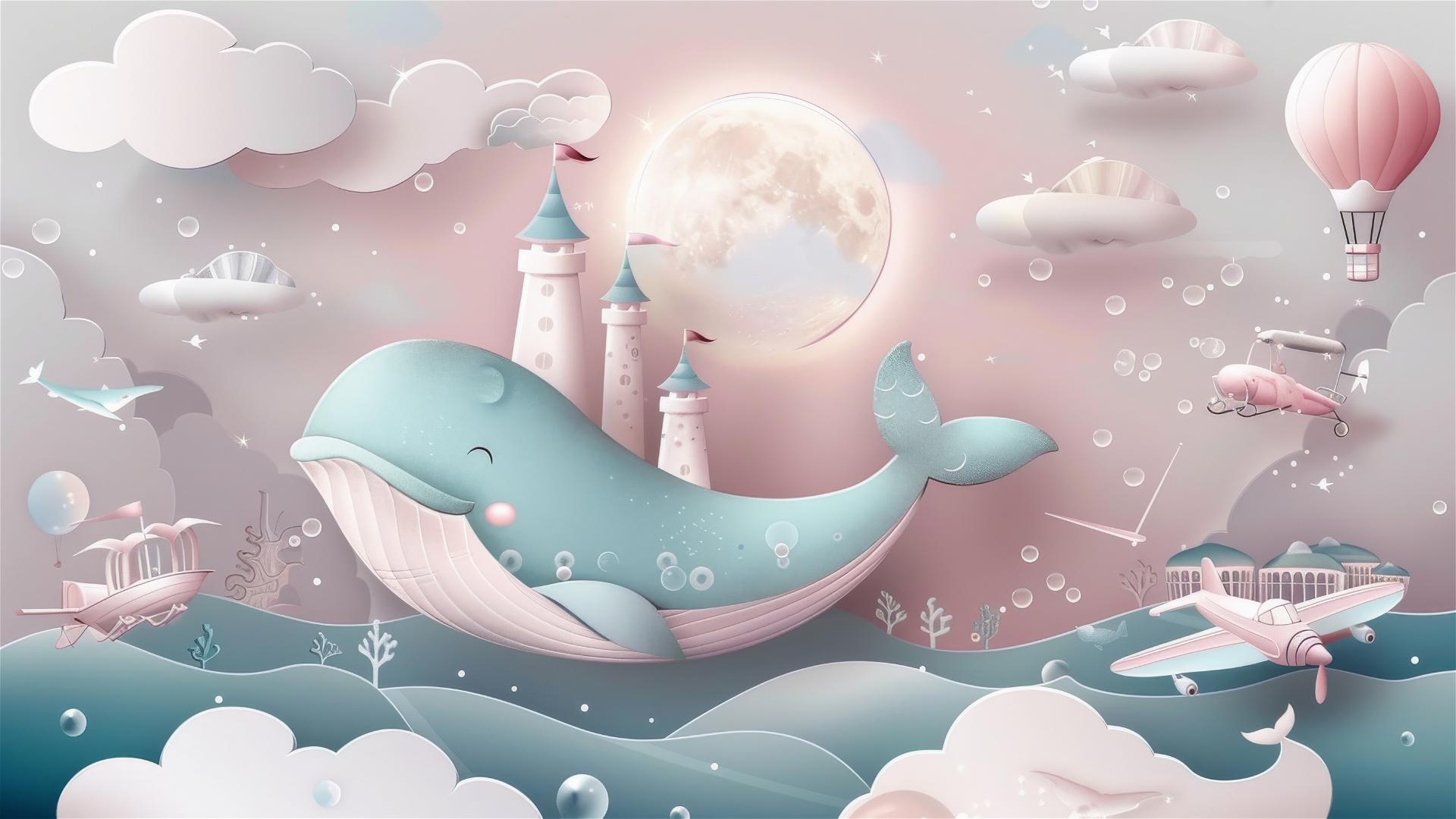 Fantasy whale with castle, pastel sky, balloons, and planes