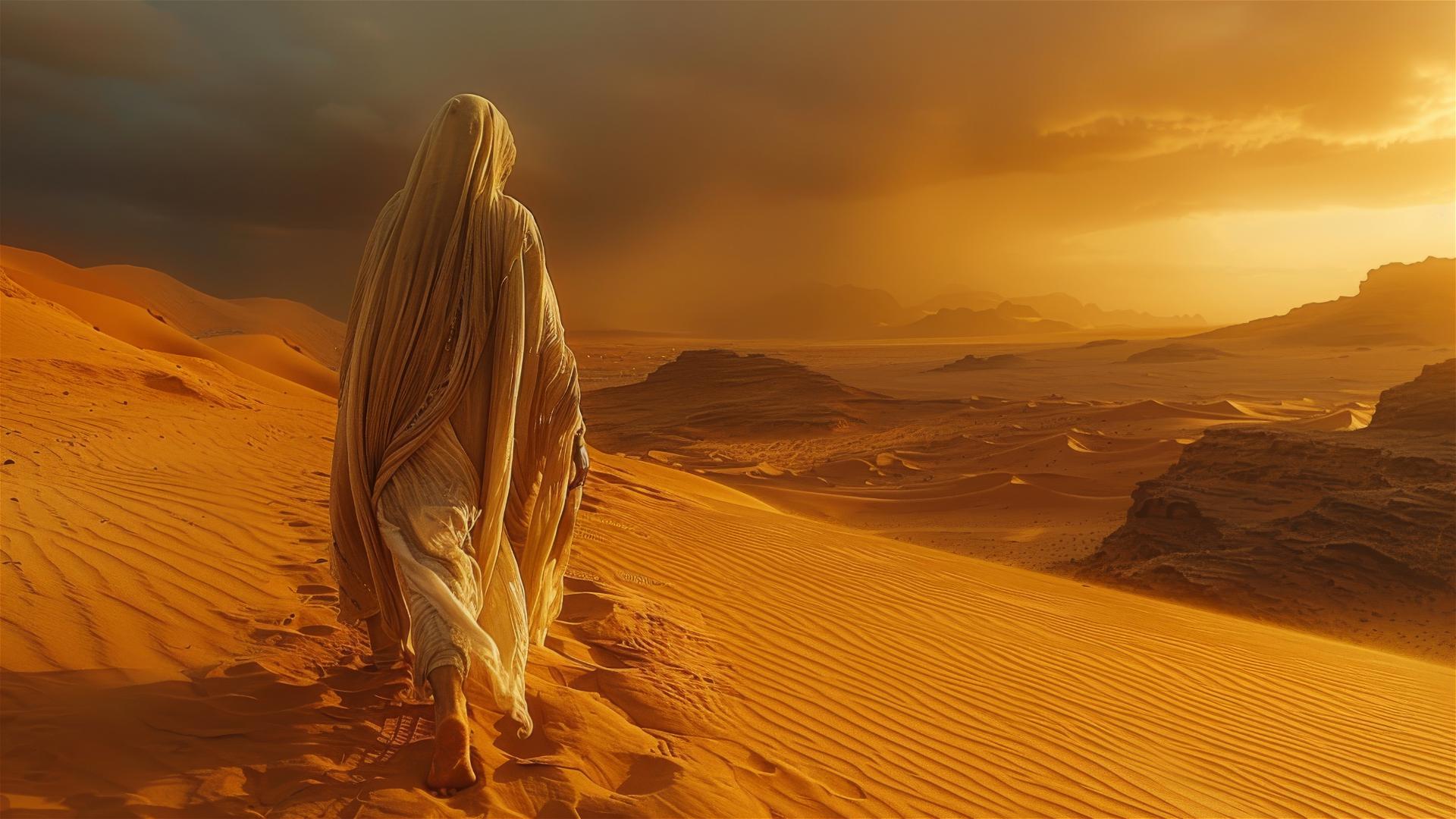 Lone figure in white robe walking on sand dune in futuristic desert