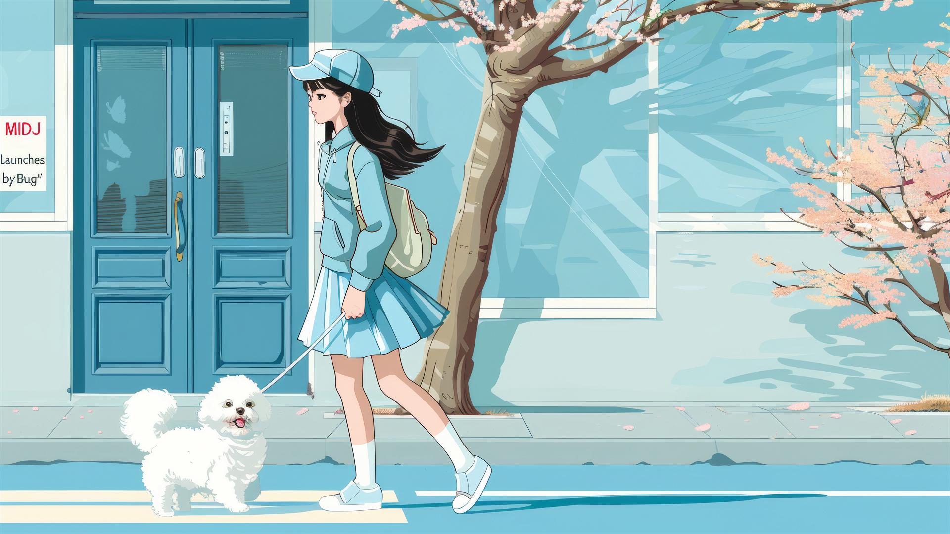 Anime girl and white poodle walking on pastel street with 'MIDJ Launches Forty byBug' logo.