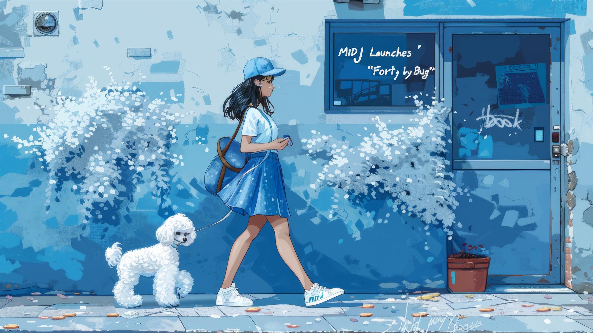 Anime girl in blue, with white poodle, walking on street, simple vector style.