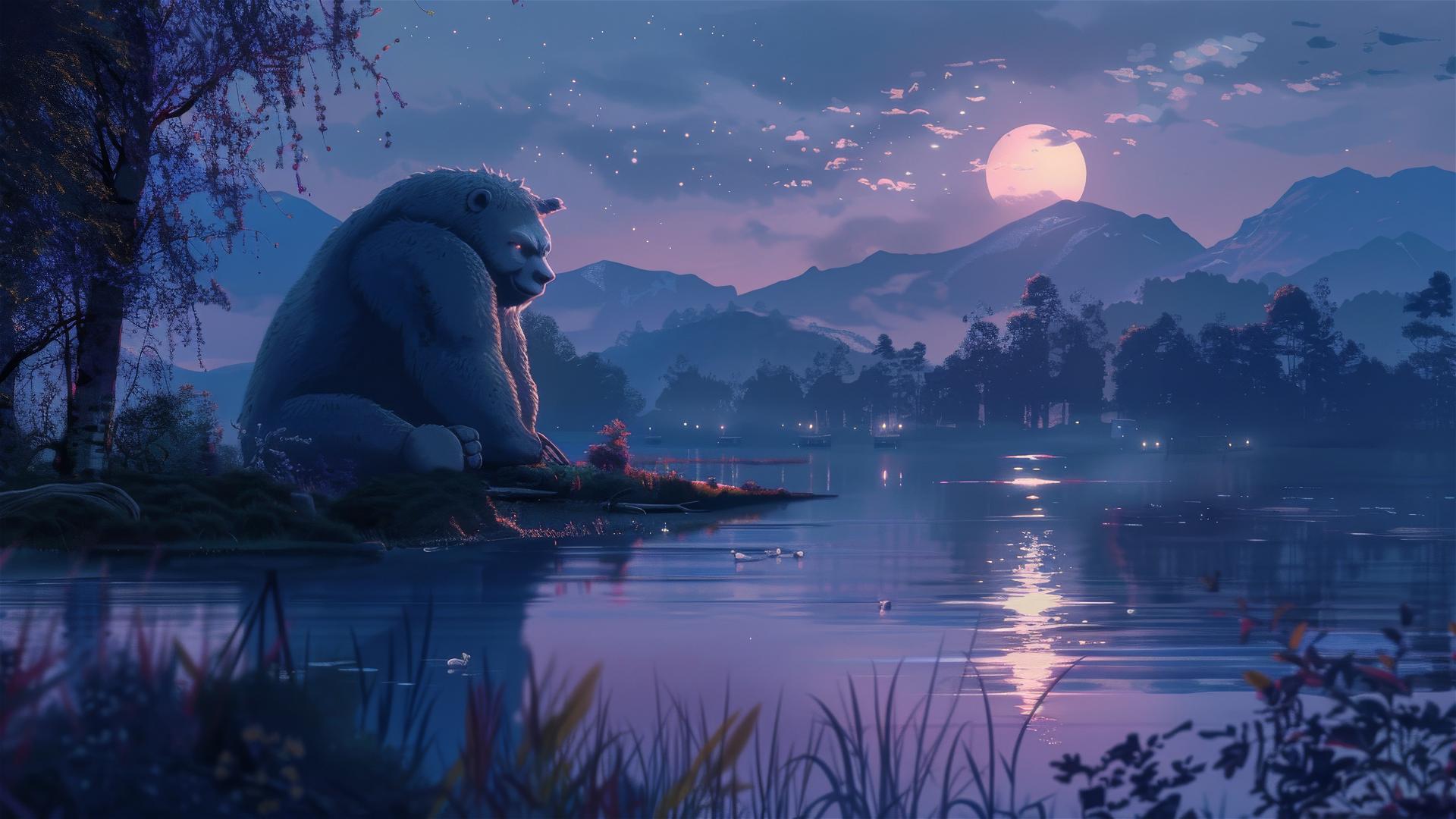 Gentle giant watching over a serene lakeside at dusk, Studio Ghibli style.