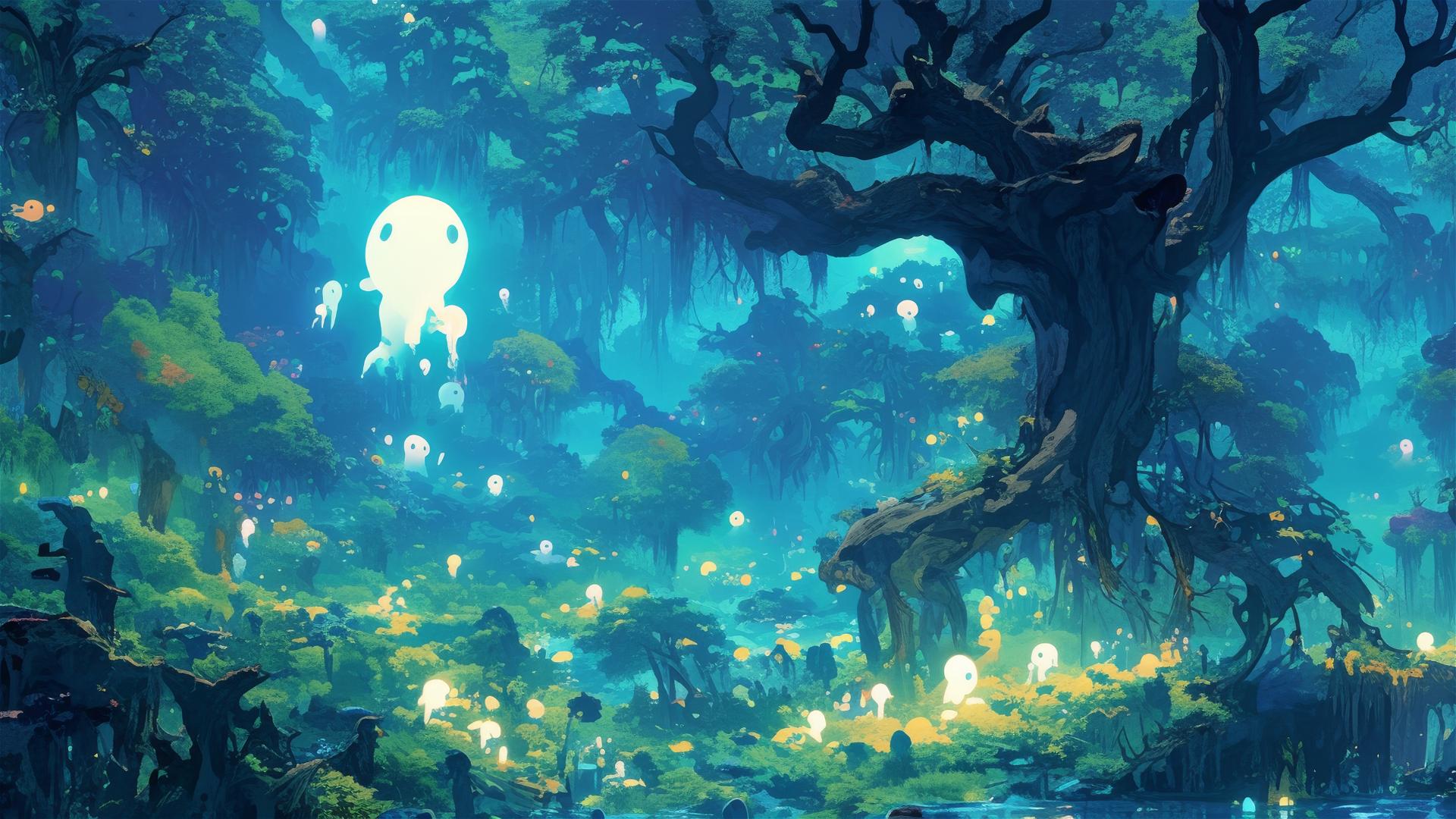 Enchanted forest scene with spirits and glowing flora, Studio Ghibli style.