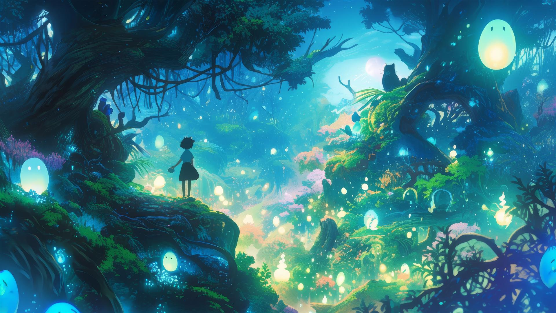 Whimsical forest with spirits and glowing flora, Studio Ghibli-inspired.