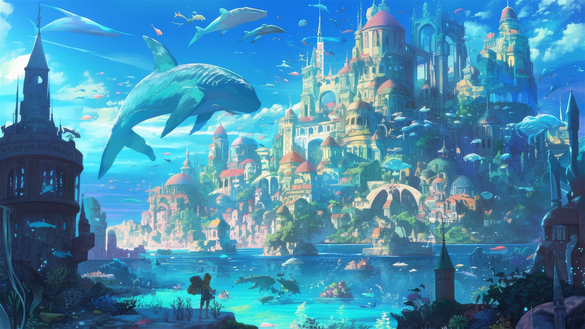 Studio Ghibli style underwater city with merfolk and sea creatures.