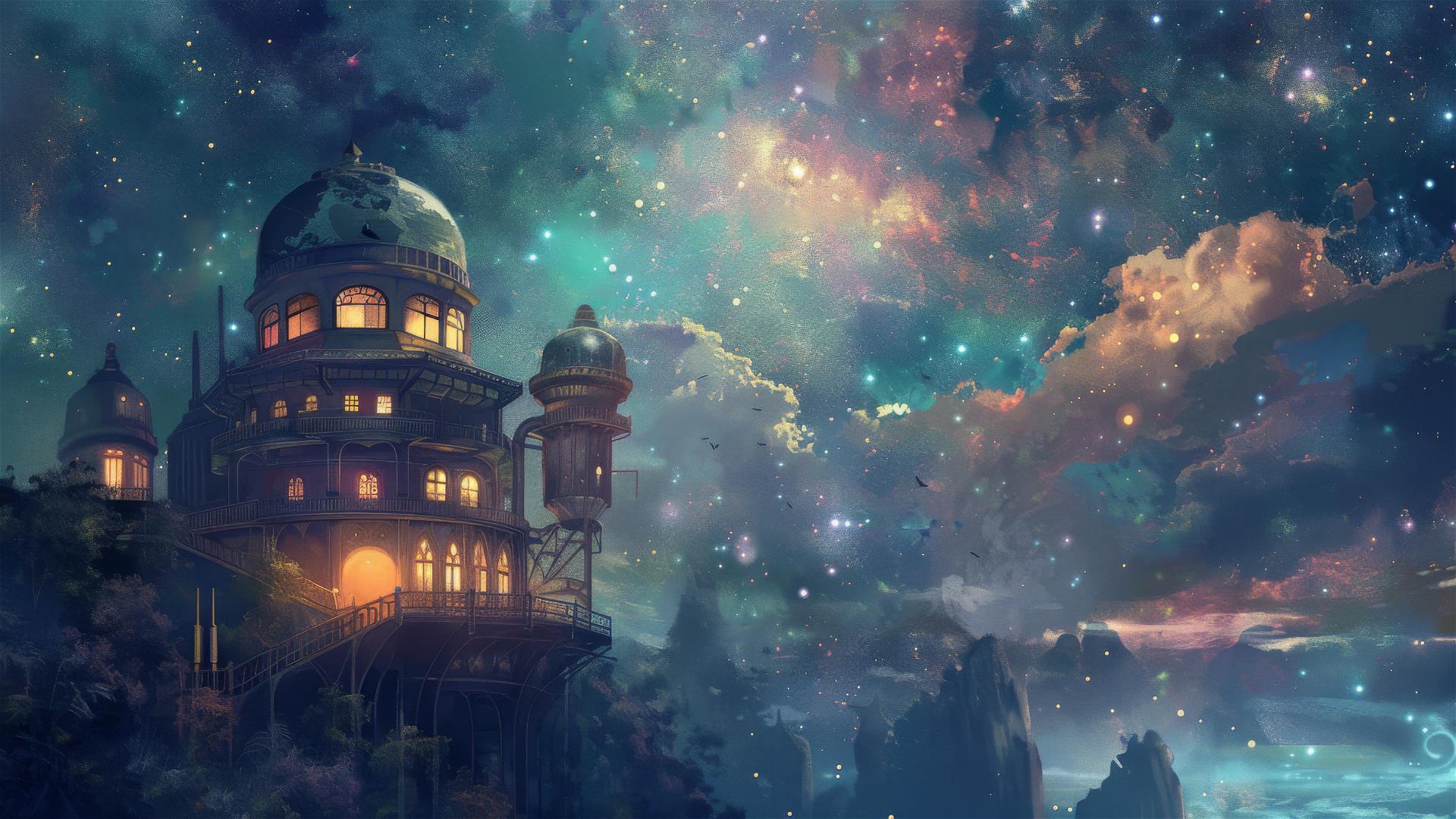 Fantastical observatory with telescopes into starry skies, Studio Ghibli style