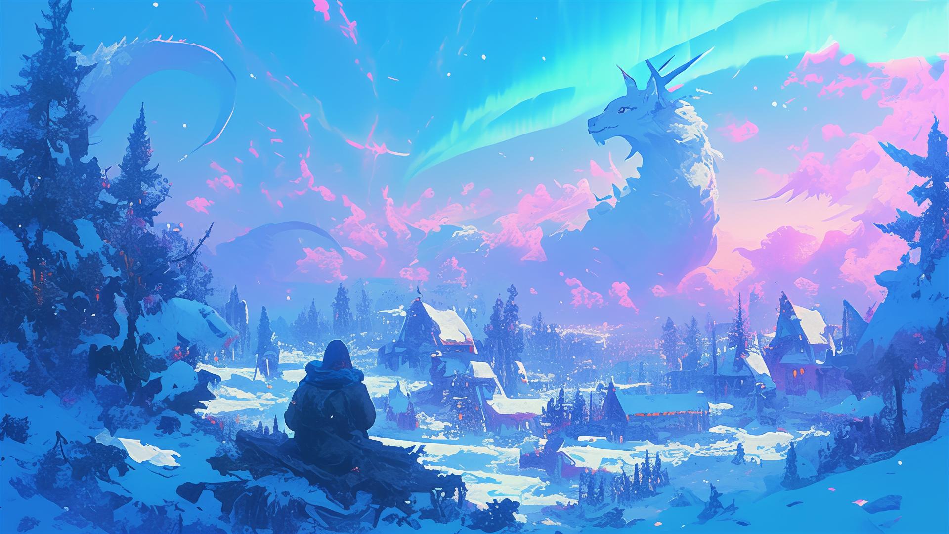 Ghibli-style winter scene with snow villages, mythical creatures, and aurora.