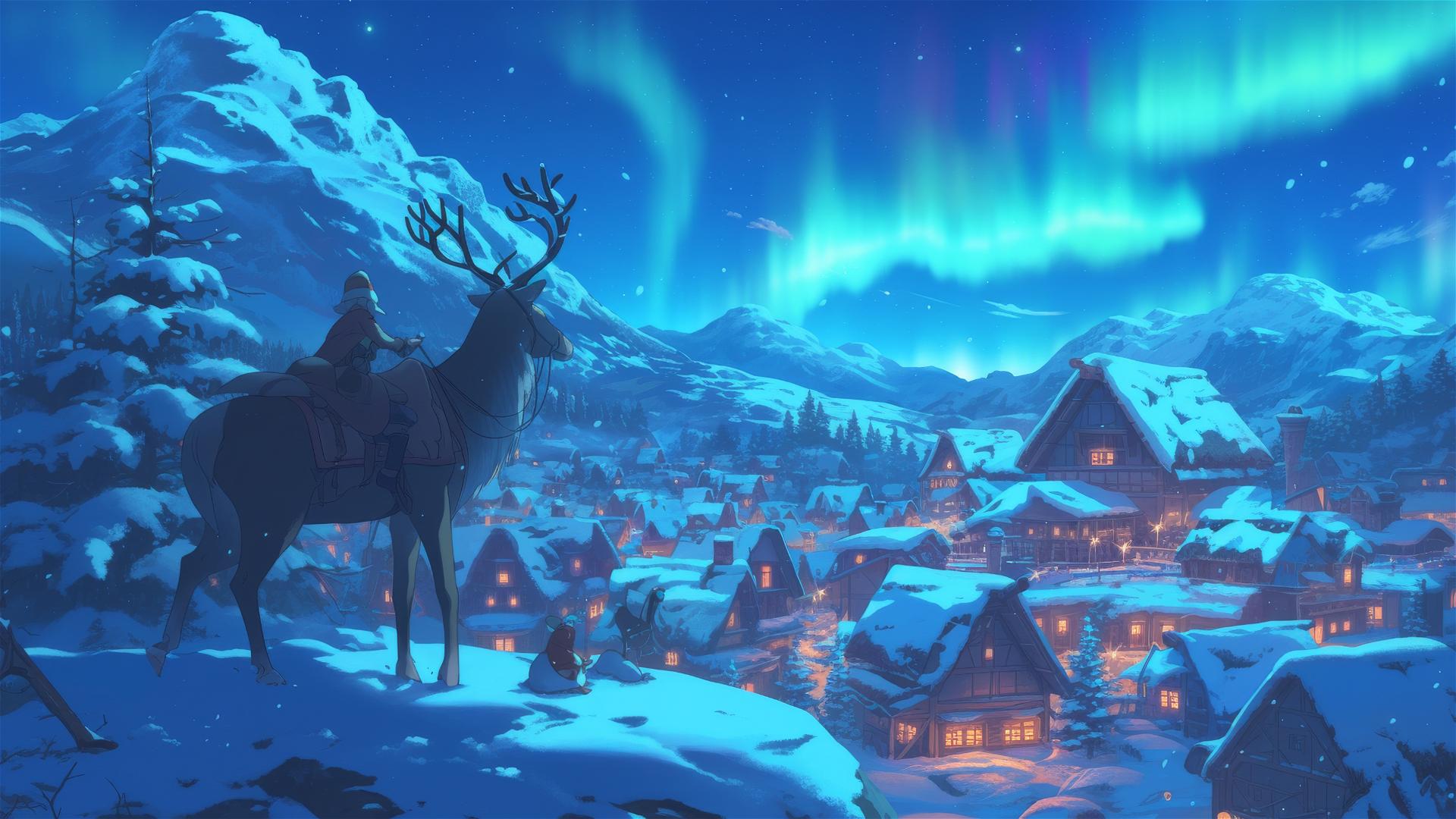 Ghibli-style winter scene with snow villages, mythical creatures, and aurora.
