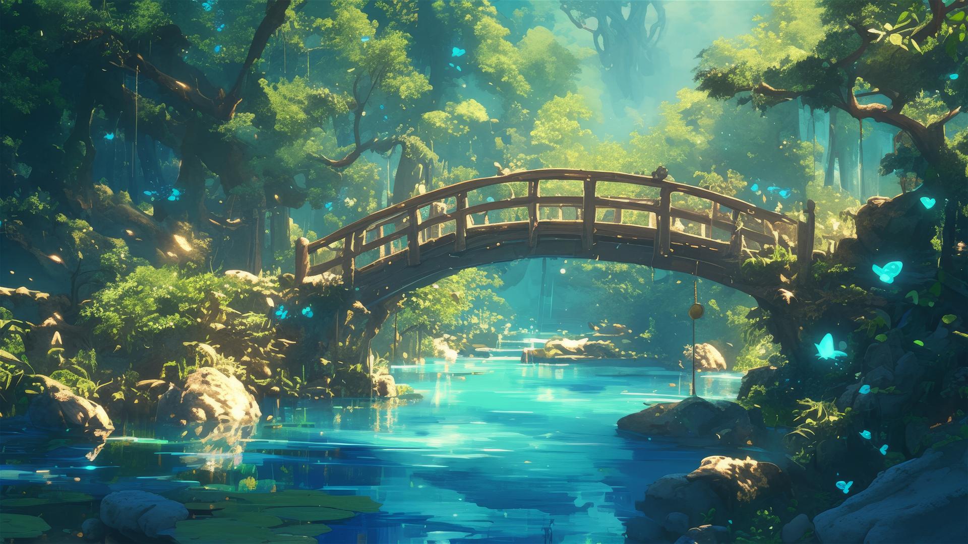 Ghibli-style bridge in a mystical forest with mythical creatures.