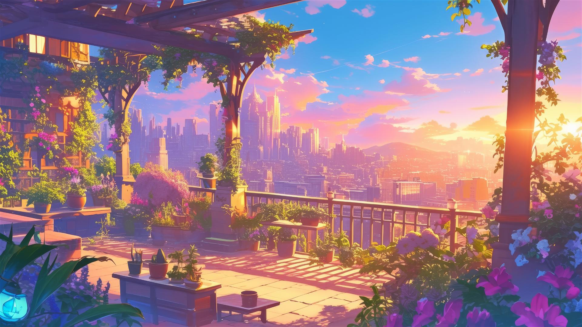 Ghibli-style garden on rooftop with sunset, city view, and magical creatures.