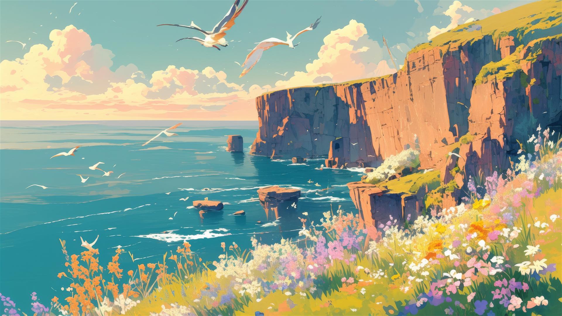 Ghibli-style cliff, dawn, wildflowers, sea mist, mythical birds