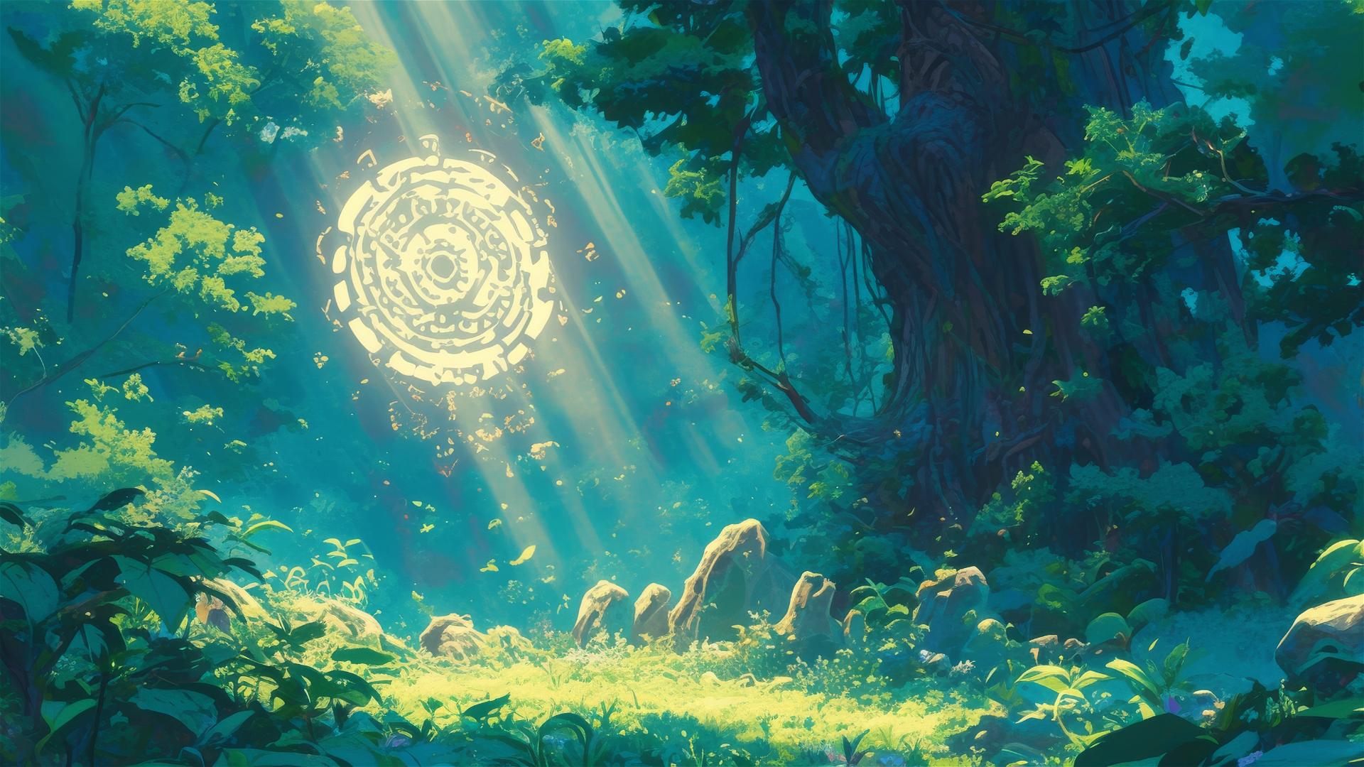 Anime forest clearing in Ghibli style with ancient guardians meeting.