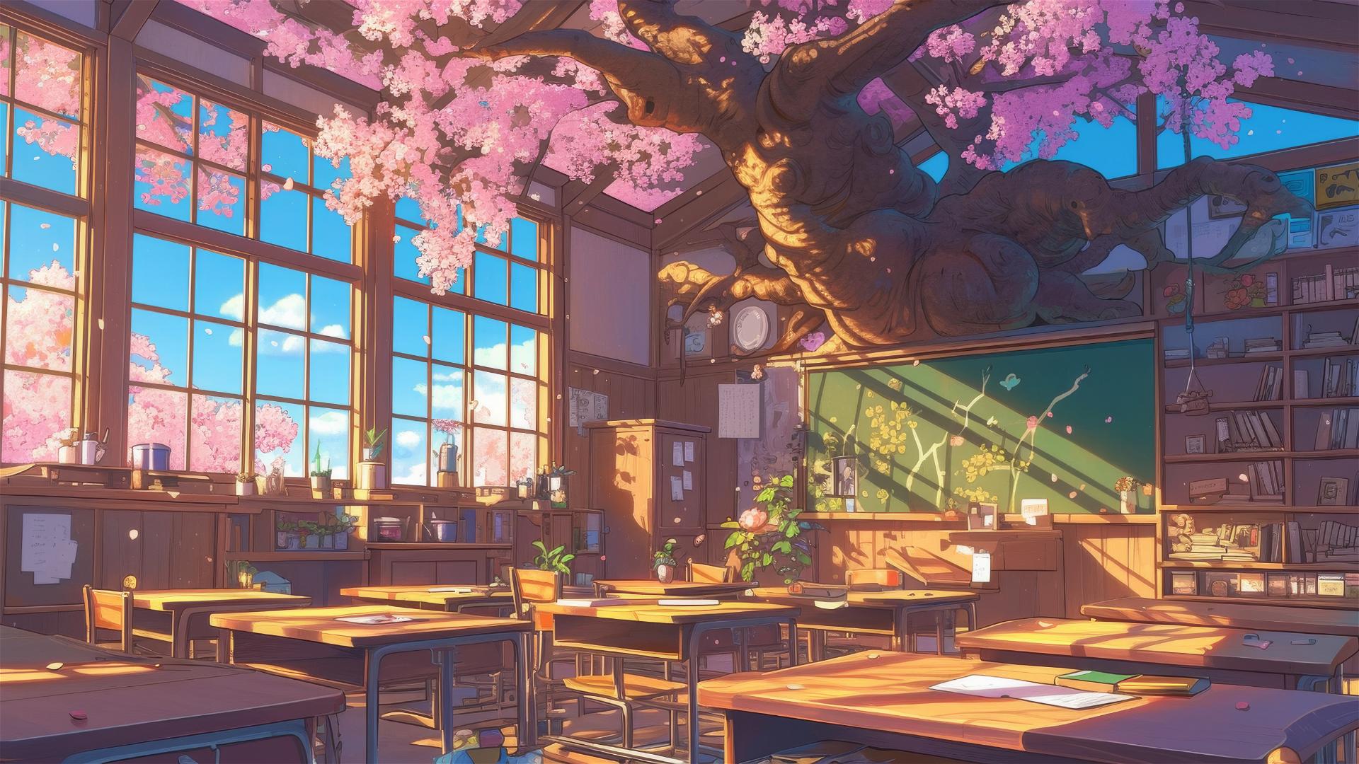 Anime Ghibli-style classroom with magic and cherry blossoms.