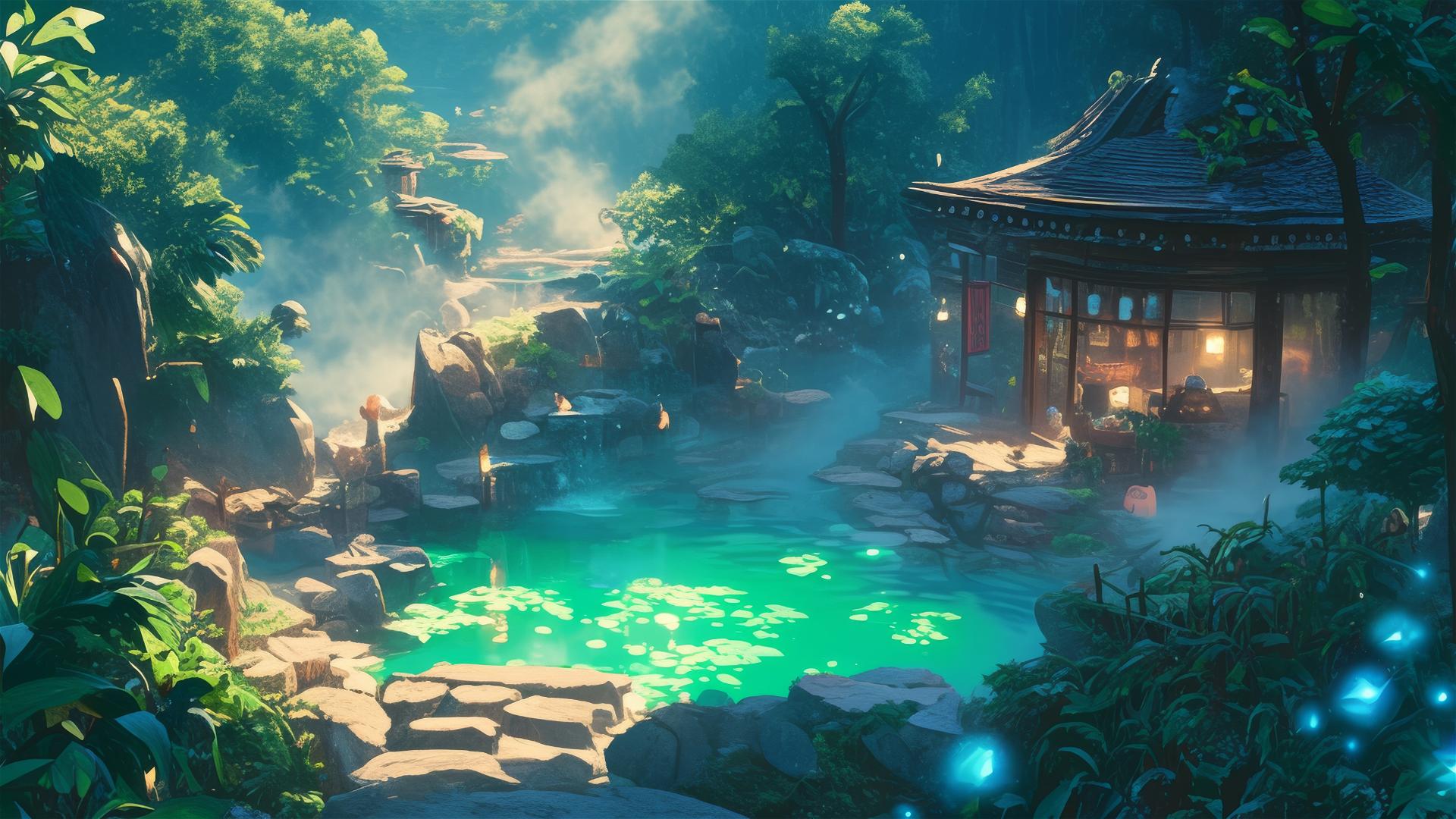Anime Ghibli-style hot spring with glowing plants in a forest.