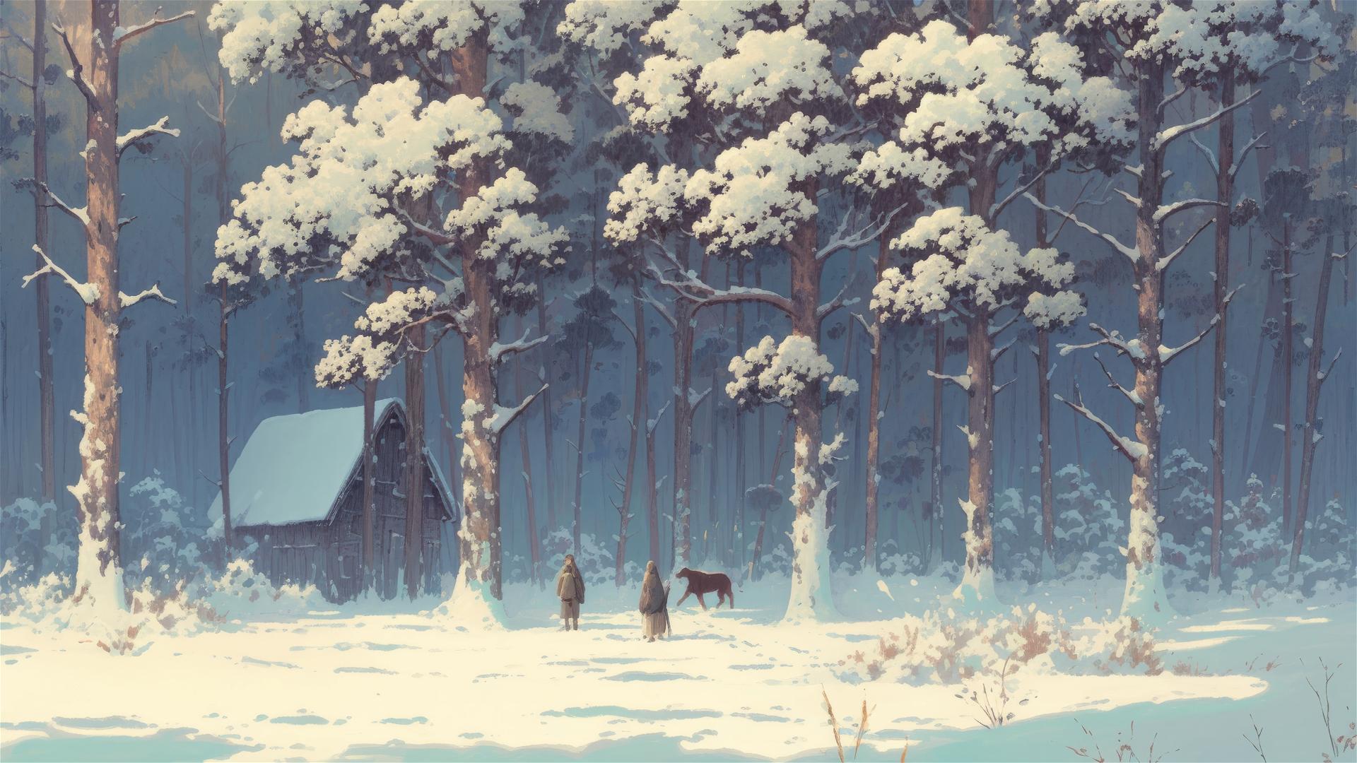 Anime characters in a Ghibli-style winter landscape seeking warmth.