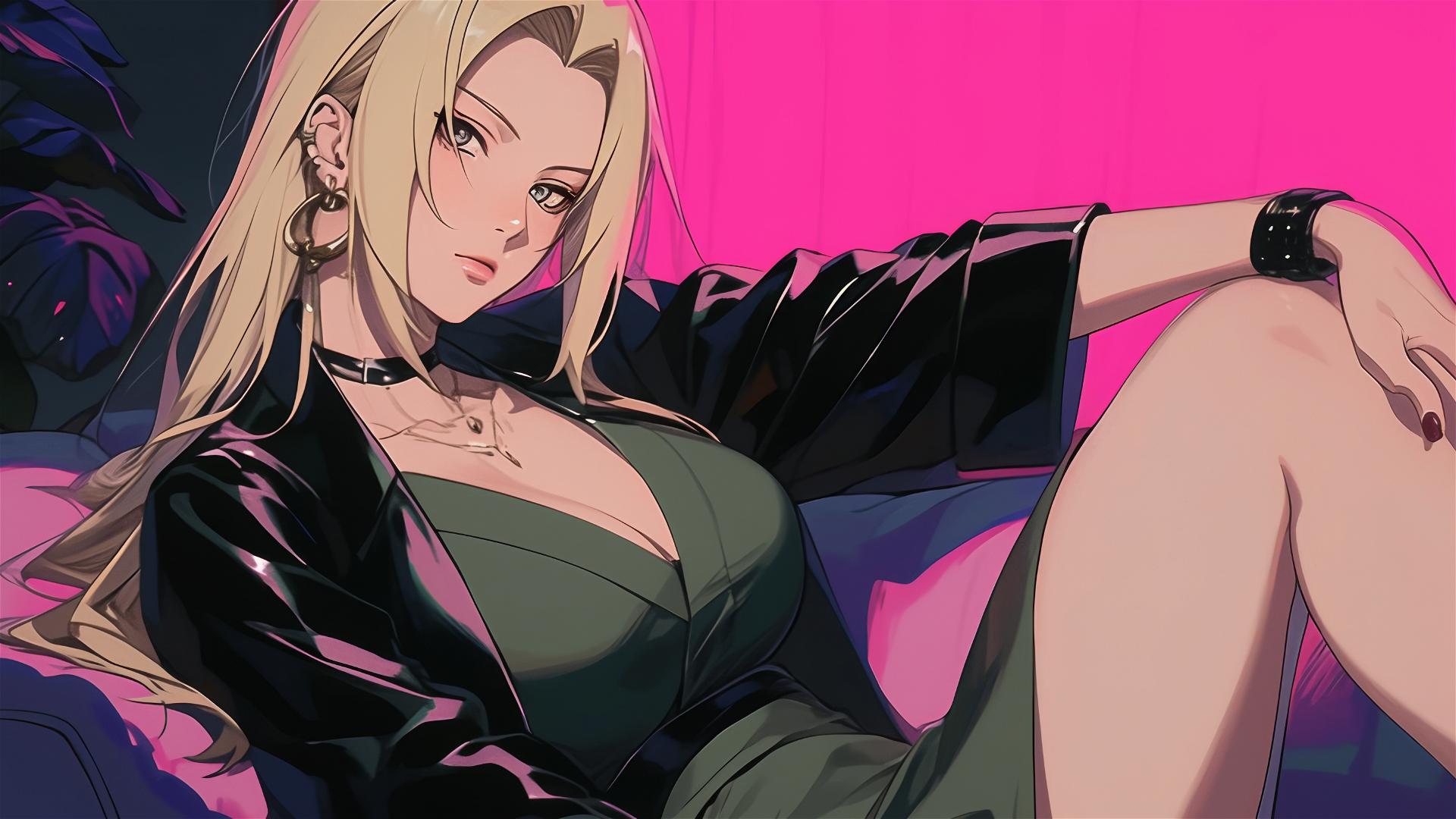 Tsunade from Naruto in black and pink outfit on bed, neon pink backdrop.
