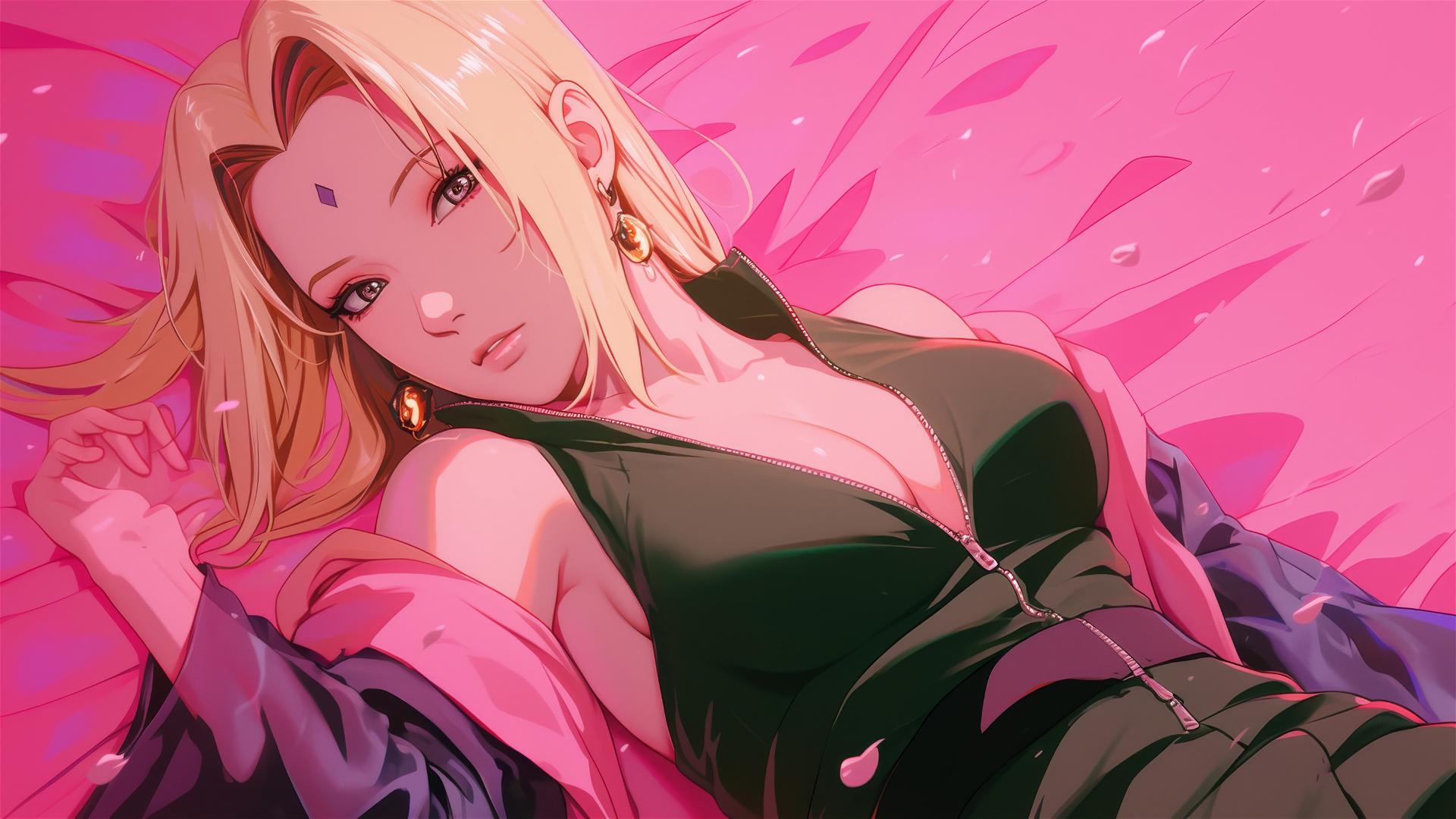 Tsunade in black and pink leather, neon glow, gold earrings, pink backdrop.