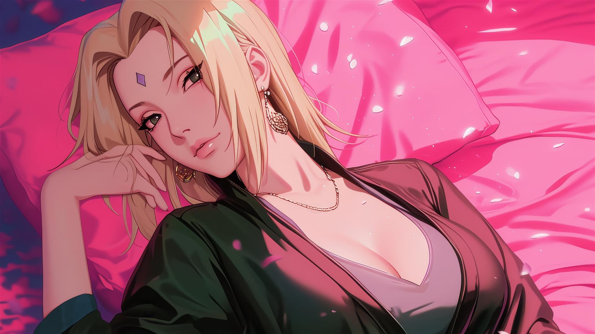 Tsunade in black and pink leather, with swirling air and neon glow.