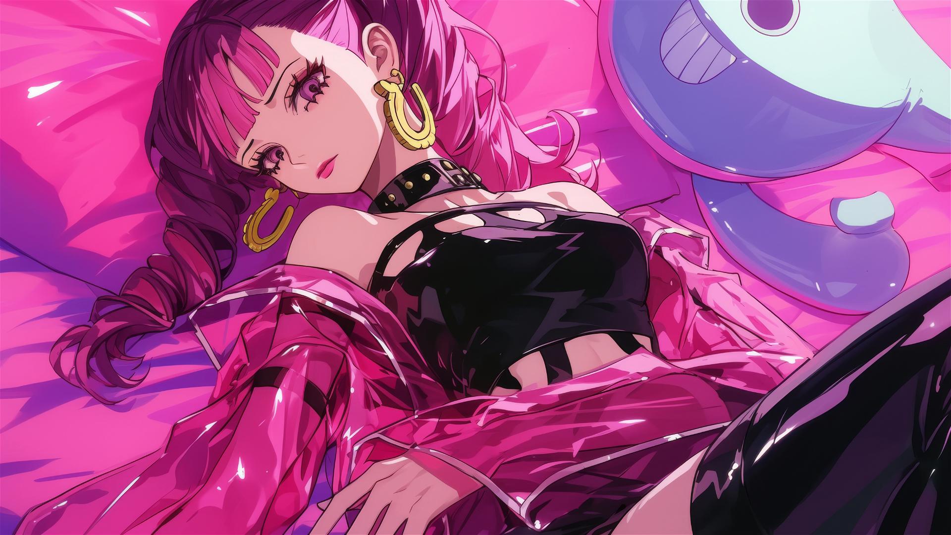 Perona from One Piece in black and pink leather, with swirling air and neon pink glow.