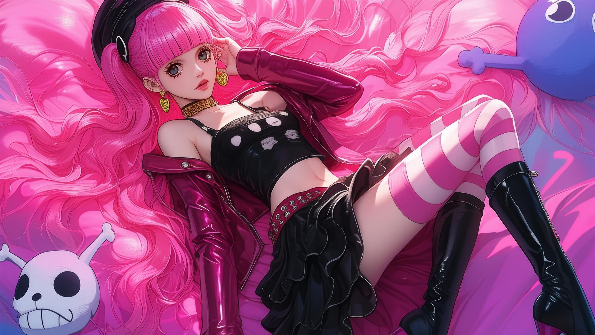 Perona from One Piece in black and pink leather on a bed, neon pink light.