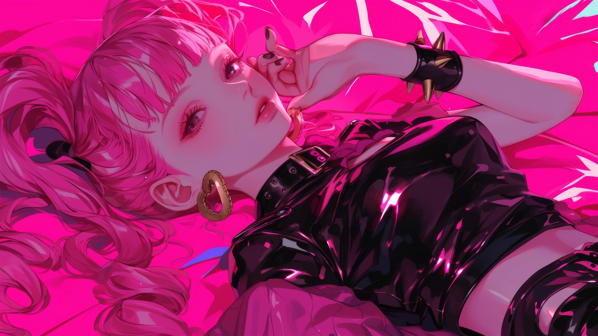 Perona from One Piece in bed, black and pink outfit, neon glow, gold earrings.