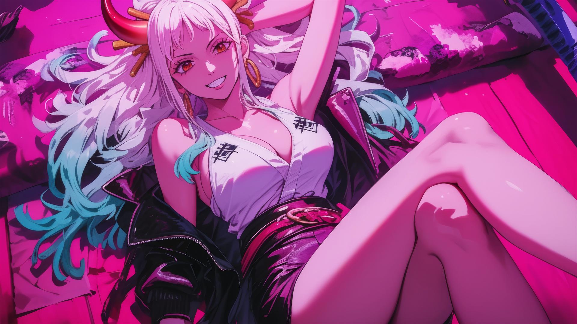 Yamato from One Piece in black and pink leather on a plush bed, neon pink light.