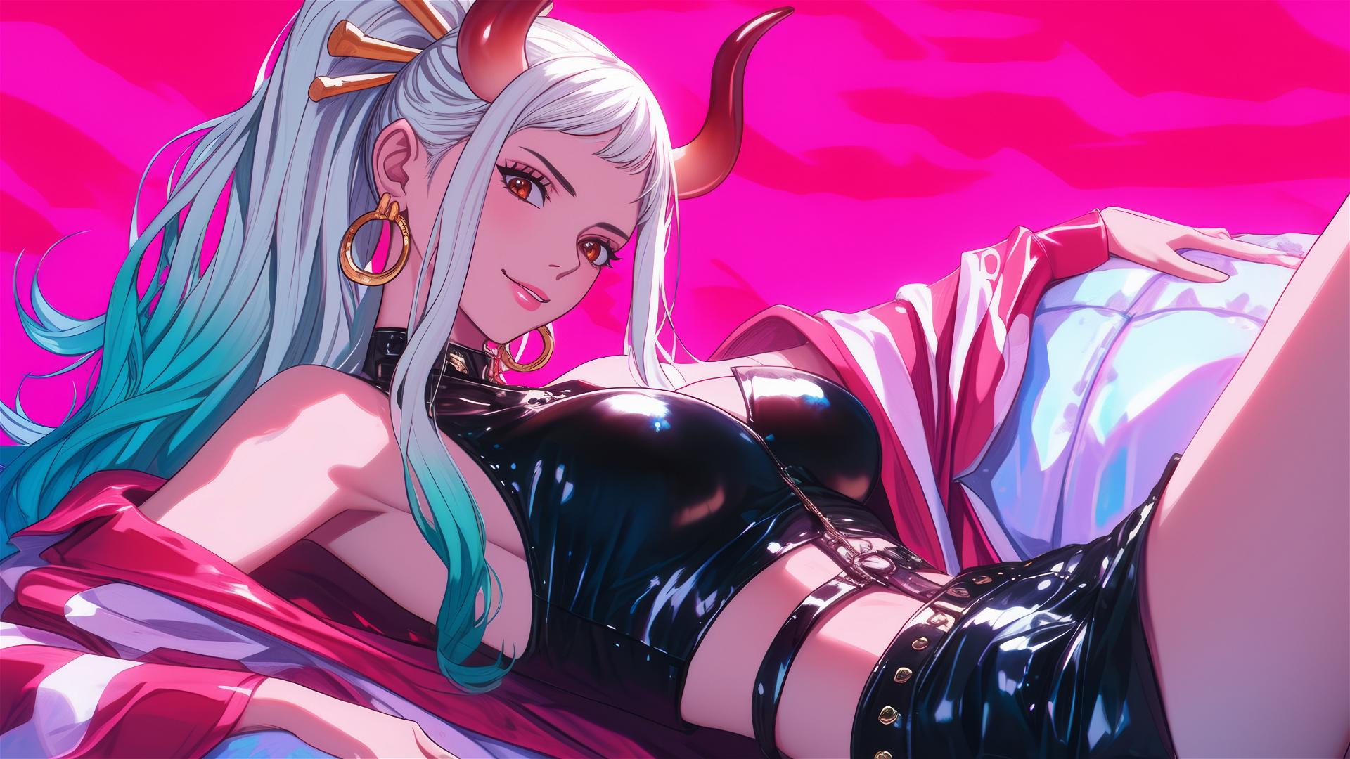 Yamato from One Piece in black and pink outfit on plush bed, neon pink backdrop.