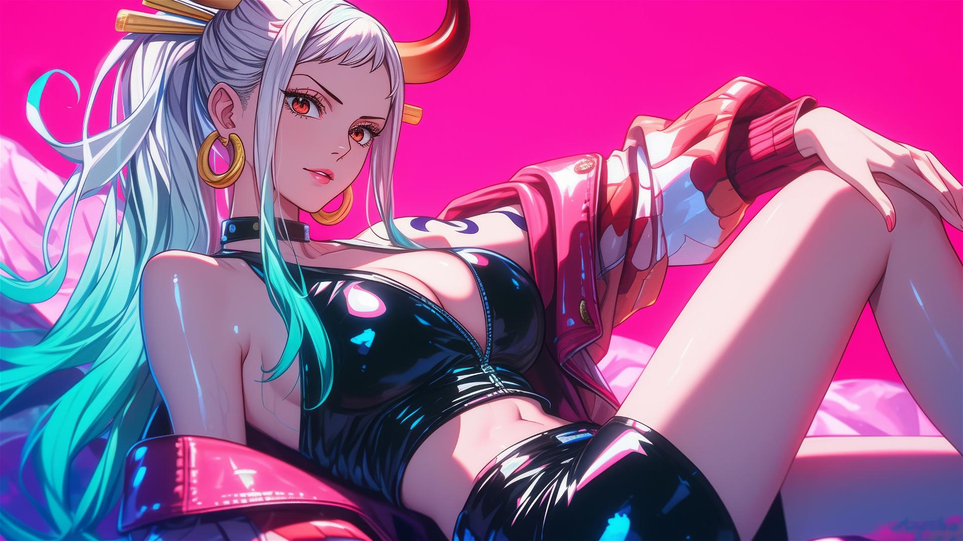 Yamato in black and pink outfit on bed with neon pink backdrop